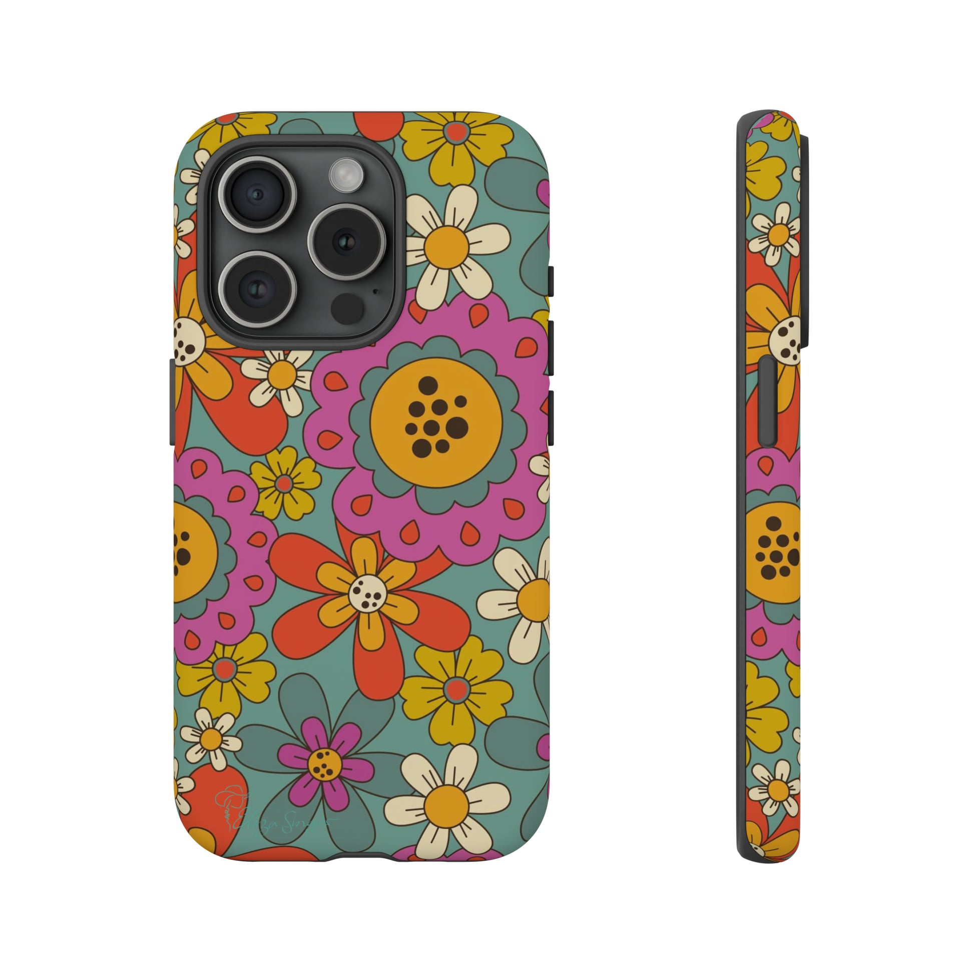 Step into the Groove: Groovy Hippie Hippy Design iPhone Tough Protective Cover. A nod to the 60's with Daisy Design in Turquoise and Pink. Compatible with iPhone 15, 14, 13, XS, XR Pro/Max/Mini/P/Plus. Embrace Retro Vibes with Style and Durability. #ElizaSinger #PhoneCase #GroovyDesign 