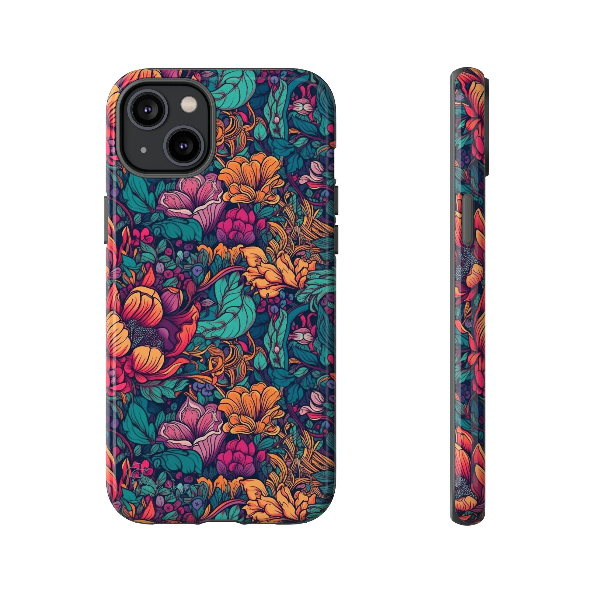 Vibrant Boho Blossoms: iPhone Tough Protective Cover. Featuring a bright abstract floral design, this case adds a touch of Bohemian flair. Compatible with iPhone 15, 14, 13, XS, XR Pro/Max/Mini/P/Plus. Embrace Boho Chic with Style and Durability. #ElizaSinger #PhoneCase #FloralDesign
