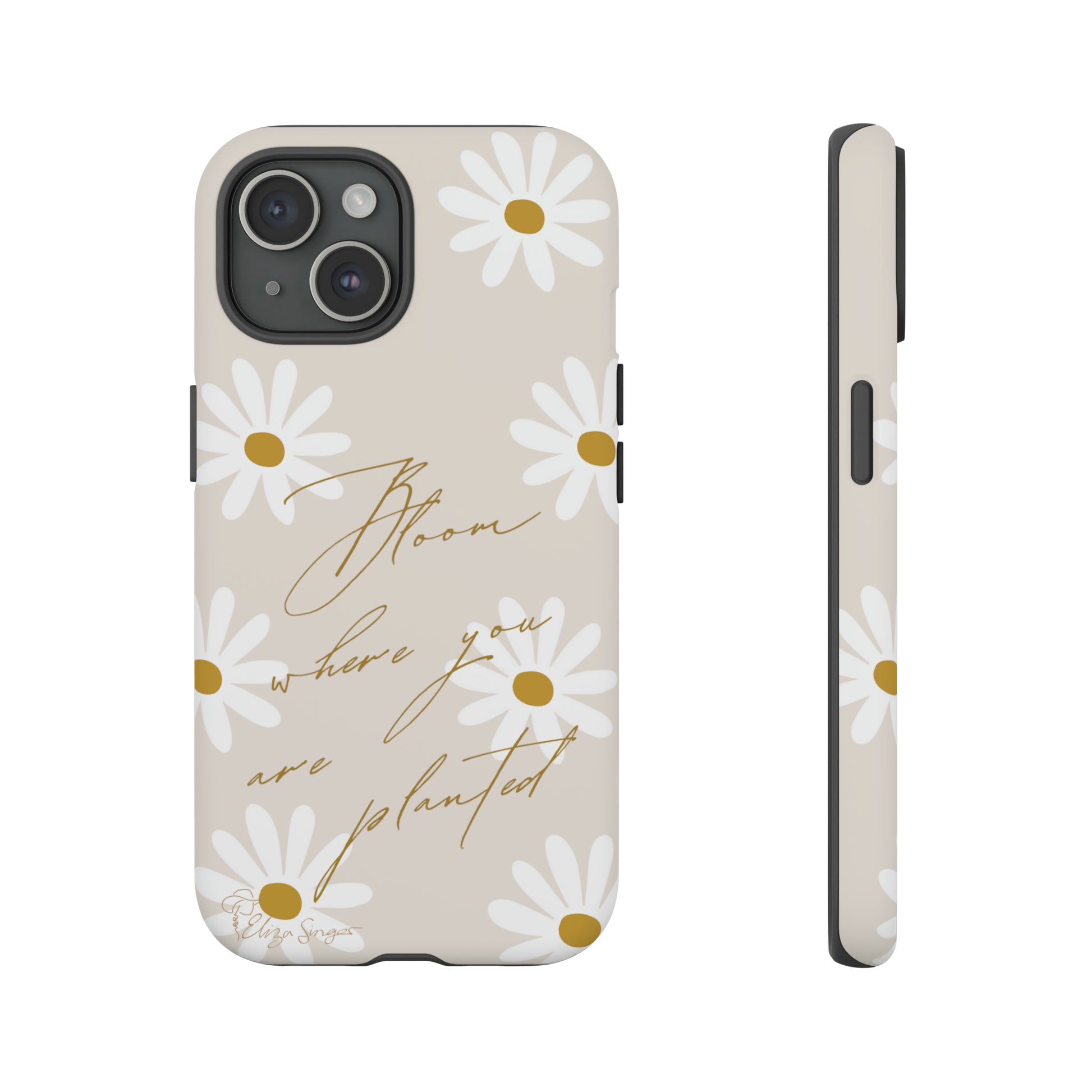 Sunny Boho Blooms: Boho Flower Daisy iPhone Tough Protective Case. A lively fusion of Flowers, Boho, and floral daisies design. Compatible with iPhone 15, 14, 13, XS, XR Pro/Max/Mini/P/Plus. Elevate Your Device with Bohemian Charm and Durability. #ElizaSinger #PhoneCase #FloralDesign