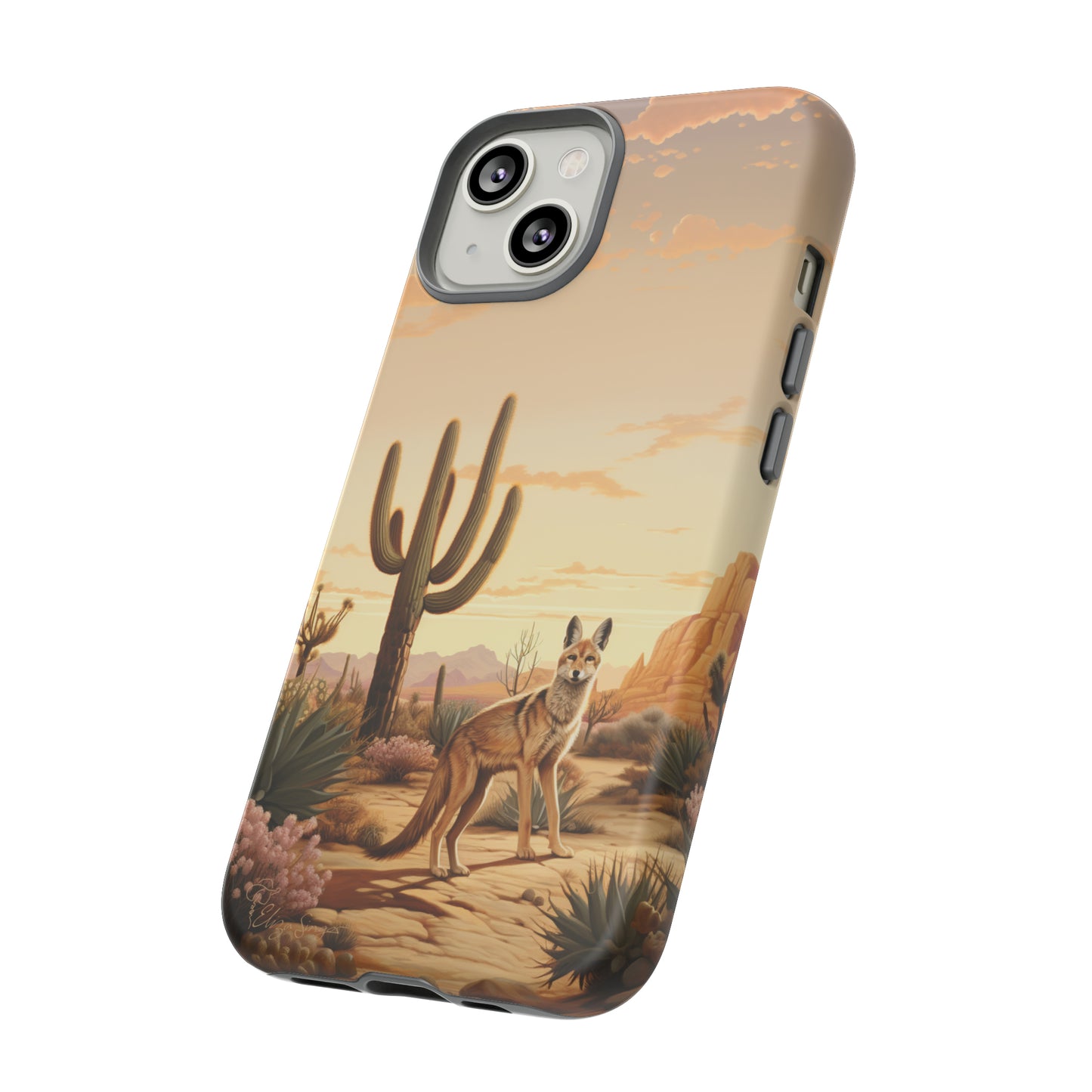 Unveiling our Western Tough Cell Phone Case: Dusk Jackal Oasis Edition! Witness the beauty of dusk with a jackal in a desert landscape next to a cactus. This design offers both rugged protection and a touch of twilight elegance.