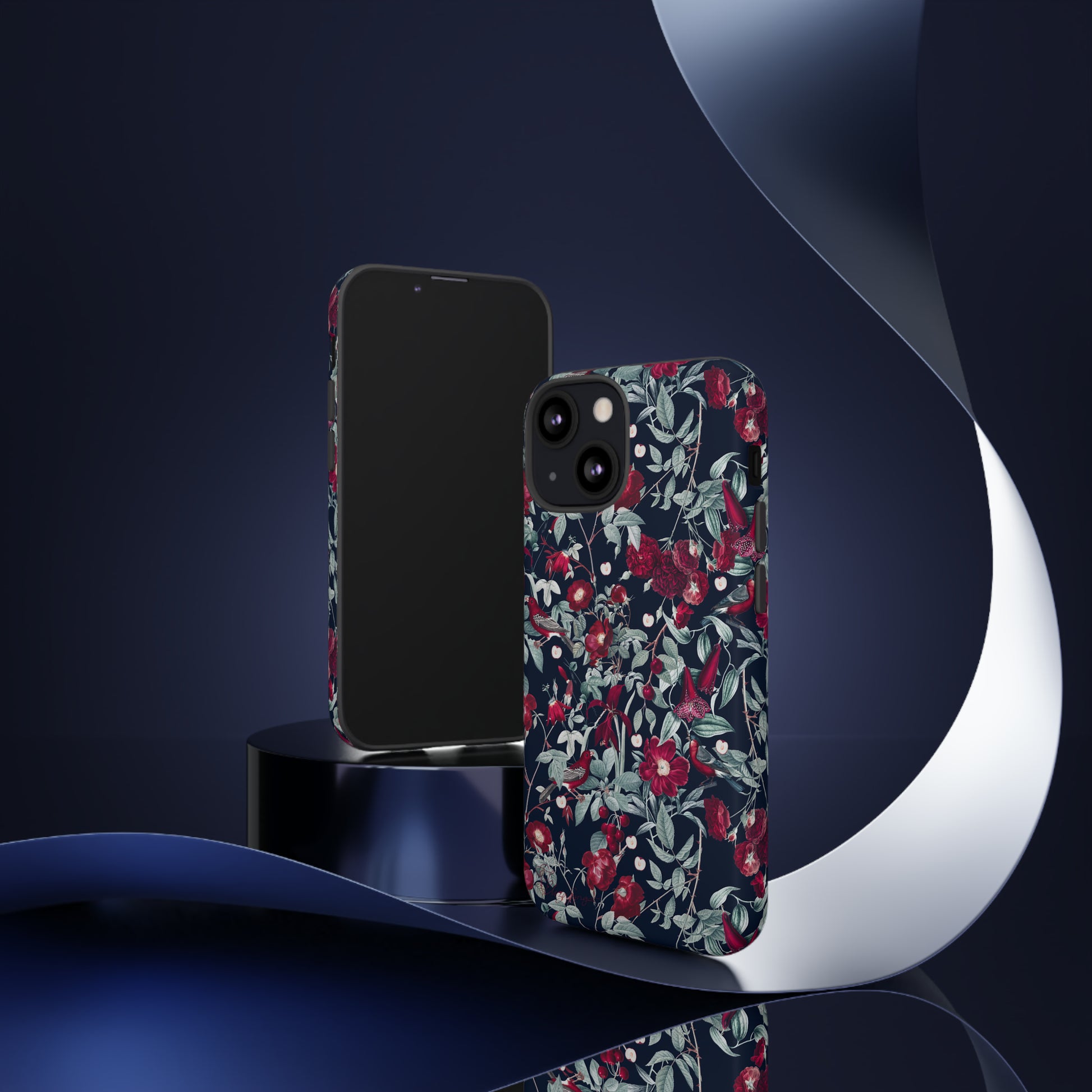 Blossom Serenade: Cherry Blossom Serenade Burgundy Navy Dark iPhone Tough Protective Cover. A captivating blend of Flowers in burgundy and navy hues, featuring a muted design. Compatible with iPhone 15, 14, 13, XS, XR Pro/Max/Mini/P/Plus. Elevate your device with this enchanting and stylish protective cover. #ElizaSinger #PhoneCase #FloralDesign