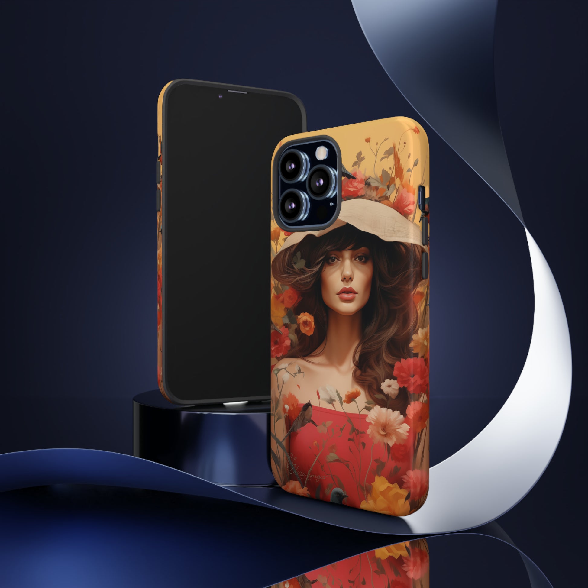 Bask in Sunshine: Embrace the warmth with our Tough Cell Phone Case. A yellow backdrop and a woman in a hat surrounded by flowers create a radiant design. Experience the perfect blend of style and protection, bringing sunshine into your everyday. Elevate your phone with a burst of brightness. #ElizaSinger #PhoneCase #SunshineRadiance