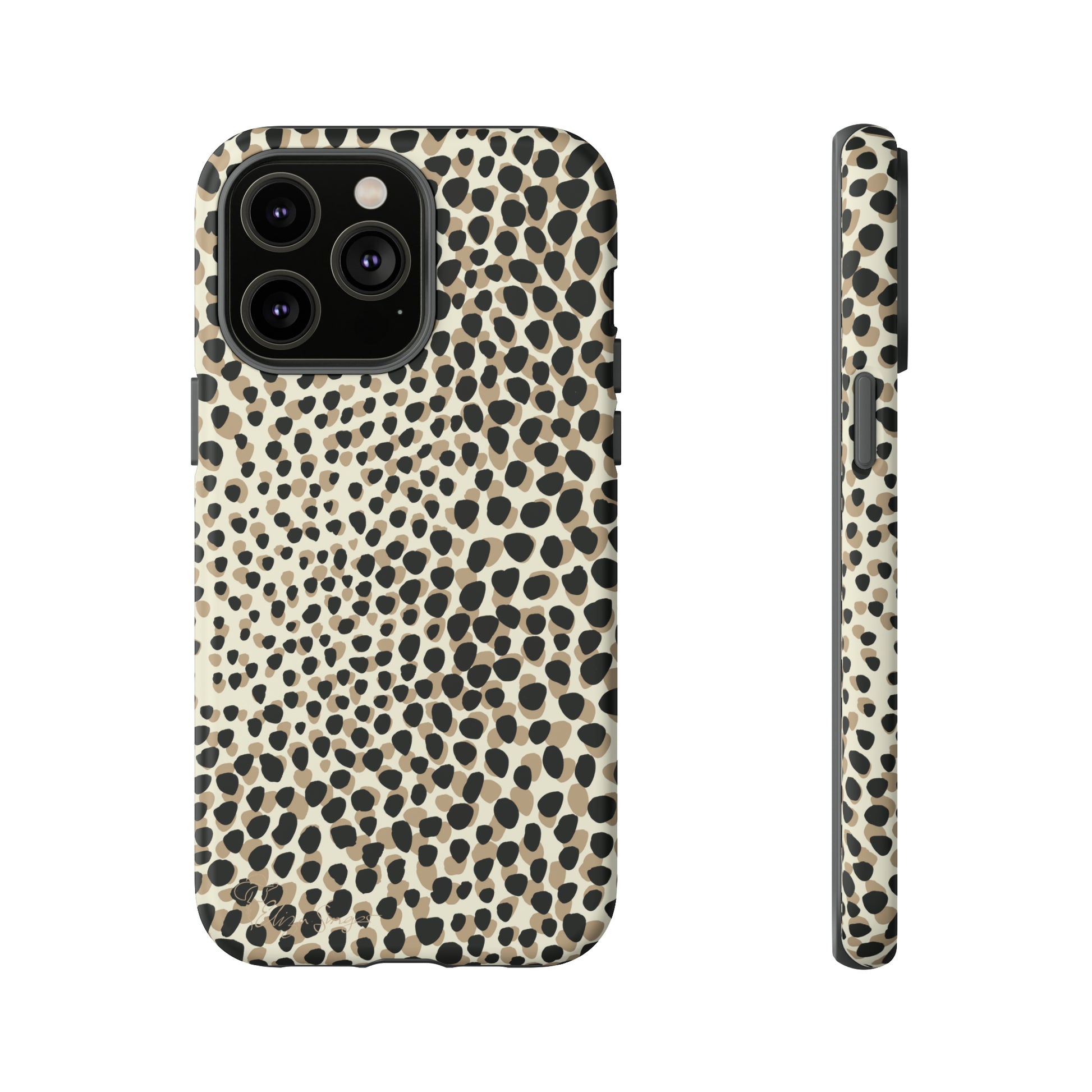 Elevate Your Tech: Abstract Neutral Animal Print iPhone Tough Protective Cover. Leopard-Painted Design in Beige and Black. Compatible with iPhone 15, 14, 13, XS, XR Pro/Max/Mini/P/Plus. Combine Style with Durability. #ElizaSinger #PhoneCase #LeopardPrint 