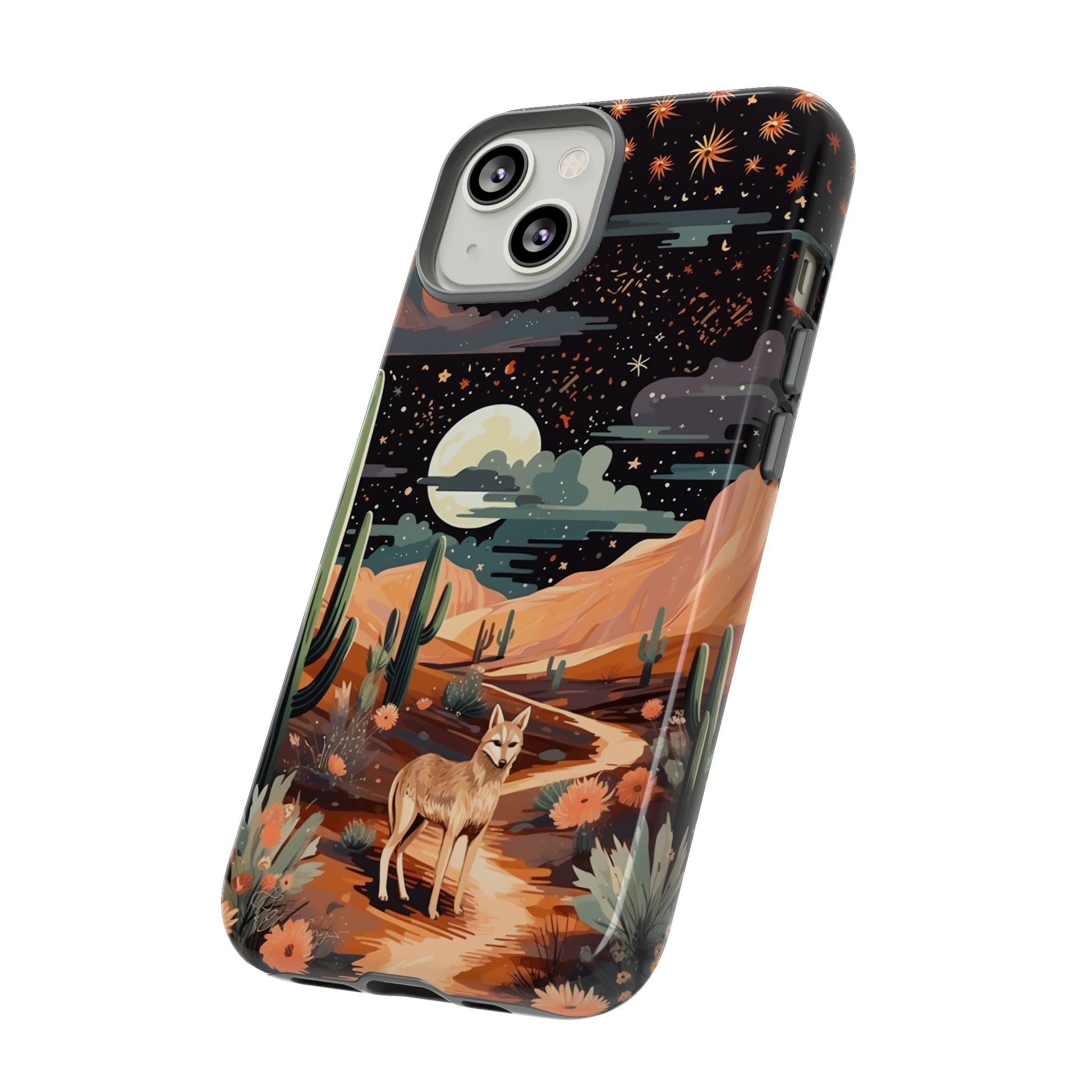 Introducing our Tough Western Cell Phone Case: Twilight Desert Jackal Remix Edition! A variation of our popular design, this edition features a jackal in a desert landscape with a starry night sky and cacti. Get ready for a unique twist on classic rugged protection.