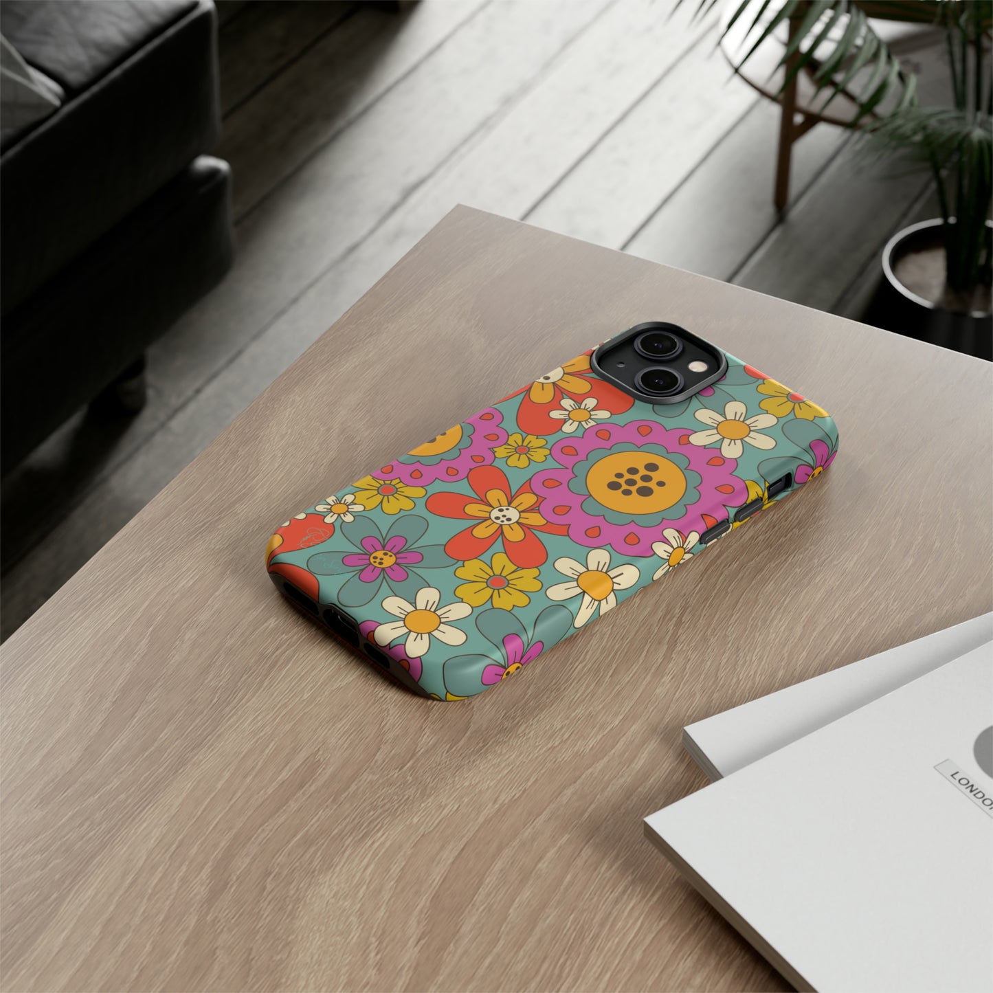 Step into the Groove: Groovy Hippie Hippy Design iPhone Tough Protective Cover. A nod to the 60's with Daisy Design in Turquoise and Pink. Compatible with iPhone 15, 14, 13, XS, XR Pro/Max/Mini/P/Plus. Embrace Retro Vibes with Style and Durability. #ElizaSinger #PhoneCase #GroovyDesign 