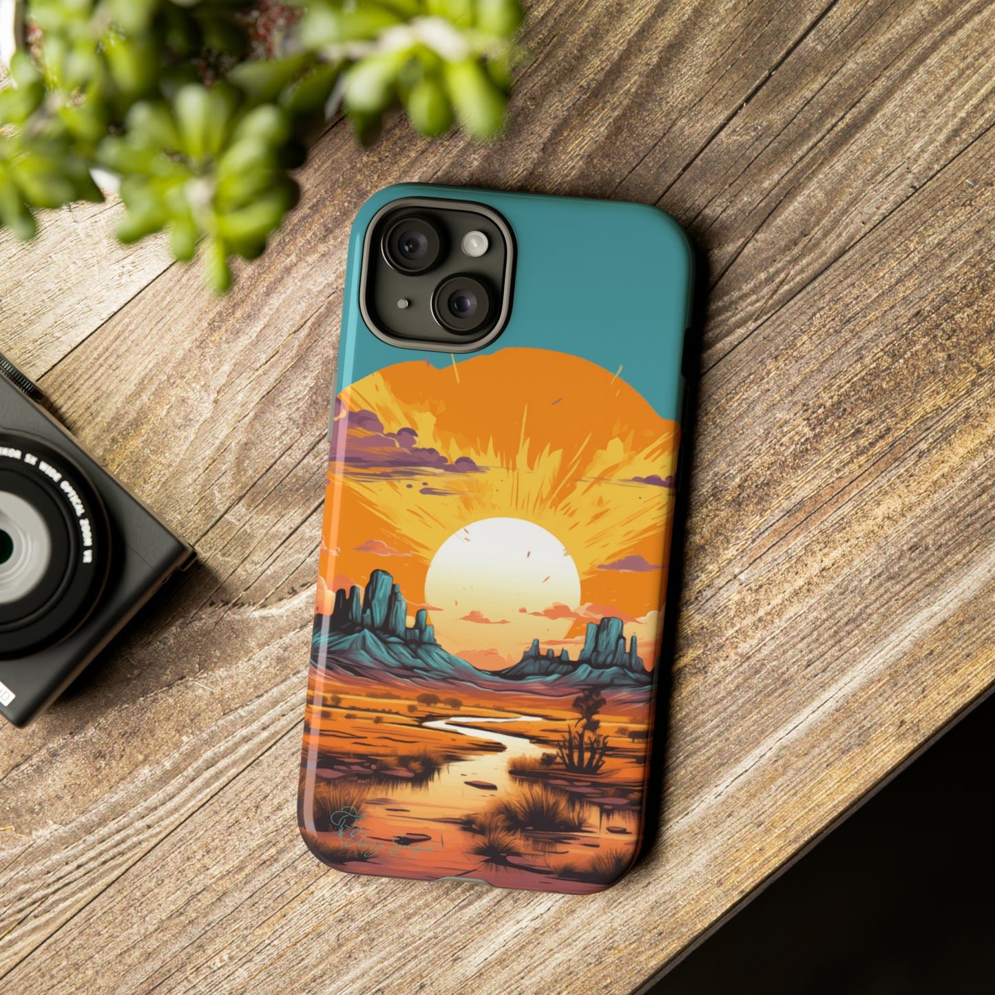 Introducing our Tough Western Cell Phone Case: Turquoise Twilight Oasis Edition! This captivating design showcases a serene landscape with a turquoise background and a mesmerizing setting sun. Enjoy the perfect blend of rugged protection and artistic flair.