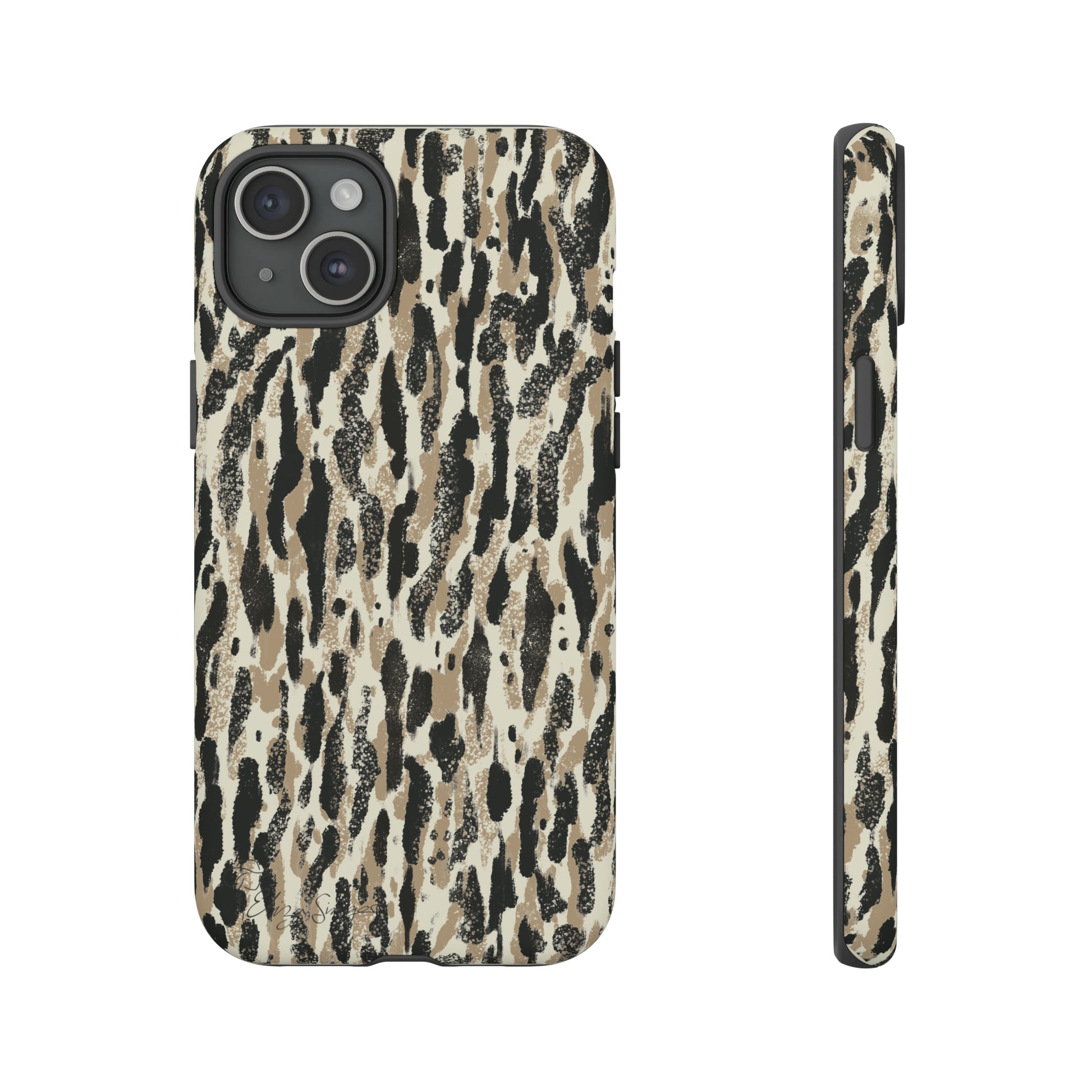 Elevate Your Tech: Abstract Neutral Animal Print iPhone Tough Protective Cover. Leopard-Painted Design in Beige and Black. Compatible with iPhone 15, 14, 13, XS, XR Pro/Max/Mini/P/Plus. Unleash the Wild with Style and Durability. #ElizaSinger #PhoneCase #LeopardPrint 