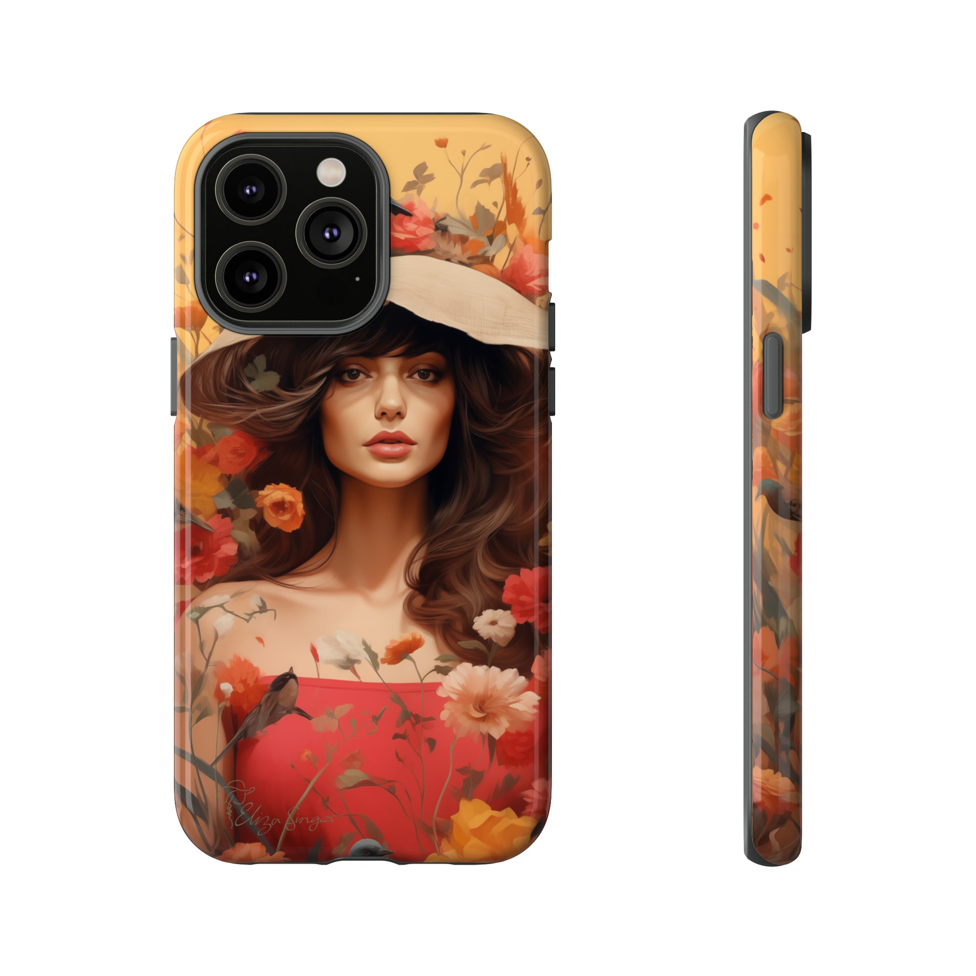 Bask in Sunshine: Embrace the warmth with our Tough Cell Phone Case. A yellow backdrop and a woman in a hat surrounded by flowers create a radiant design. Experience the perfect blend of style and protection, bringing sunshine into your everyday. Elevate your phone with a burst of brightness. #ElizaSinger #PhoneCase #SunshineRadiance