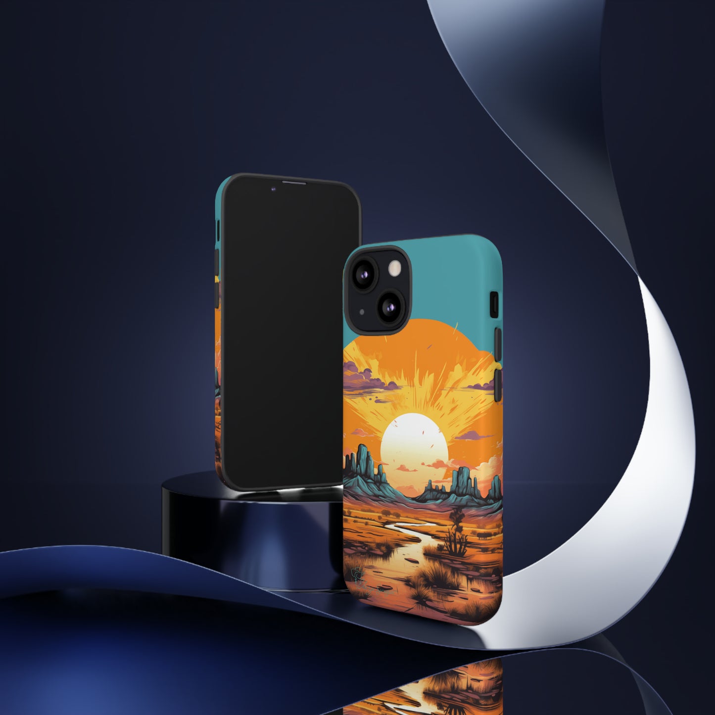 Introducing our Tough Western Cell Phone Case: Turquoise Twilight Oasis Edition! This captivating design showcases a serene landscape with a turquoise background and a mesmerizing setting sun. Enjoy the perfect blend of rugged protection and artistic flair.