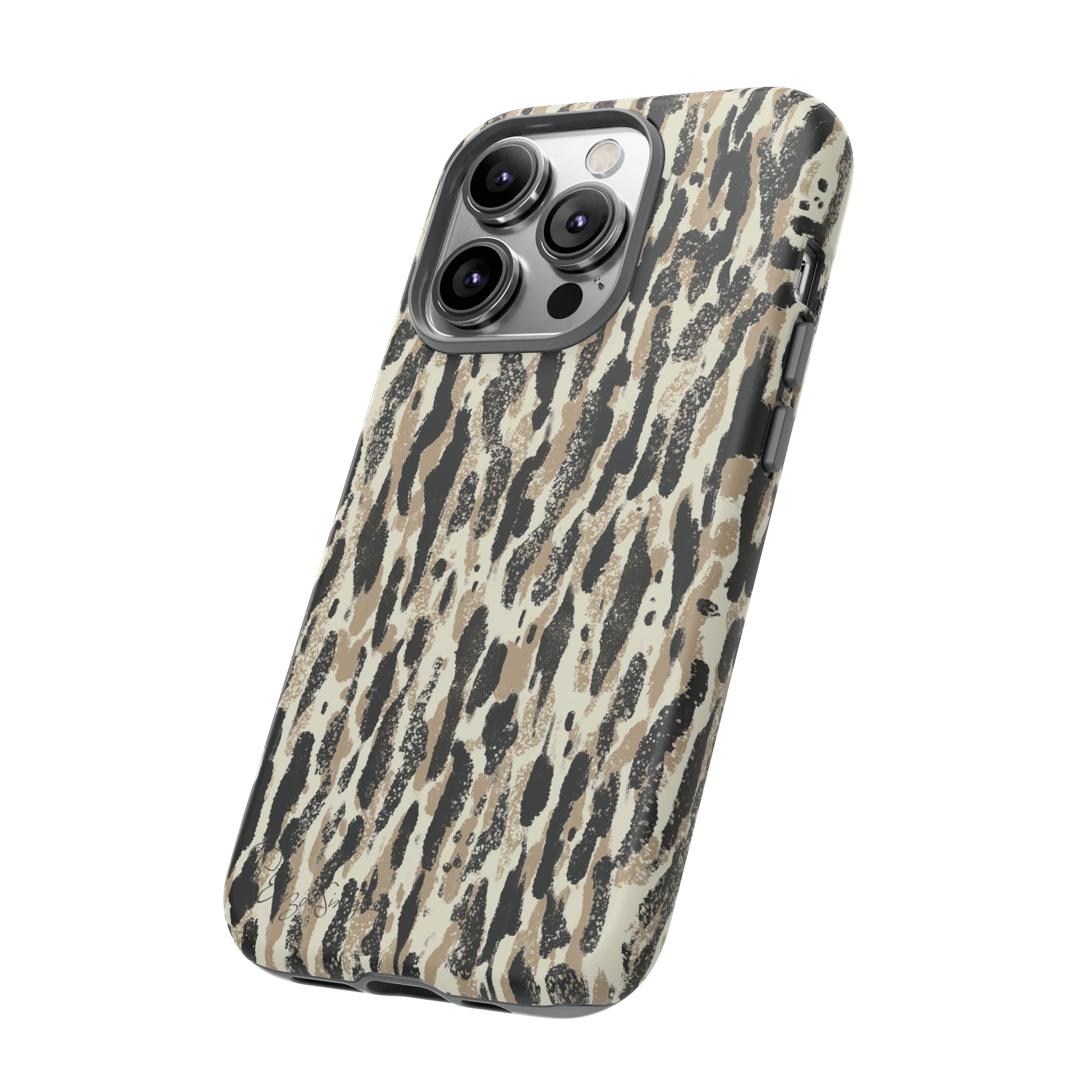 Elevate Your Tech: Abstract Neutral Animal Print iPhone Tough Protective Cover. Leopard-Painted Design in Beige and Black. Compatible with iPhone 15, 14, 13, XS, XR Pro/Max/Mini/P/Plus. Unleash the Wild with Style and Durability. #ElizaSinger #PhoneCase #LeopardPrint 