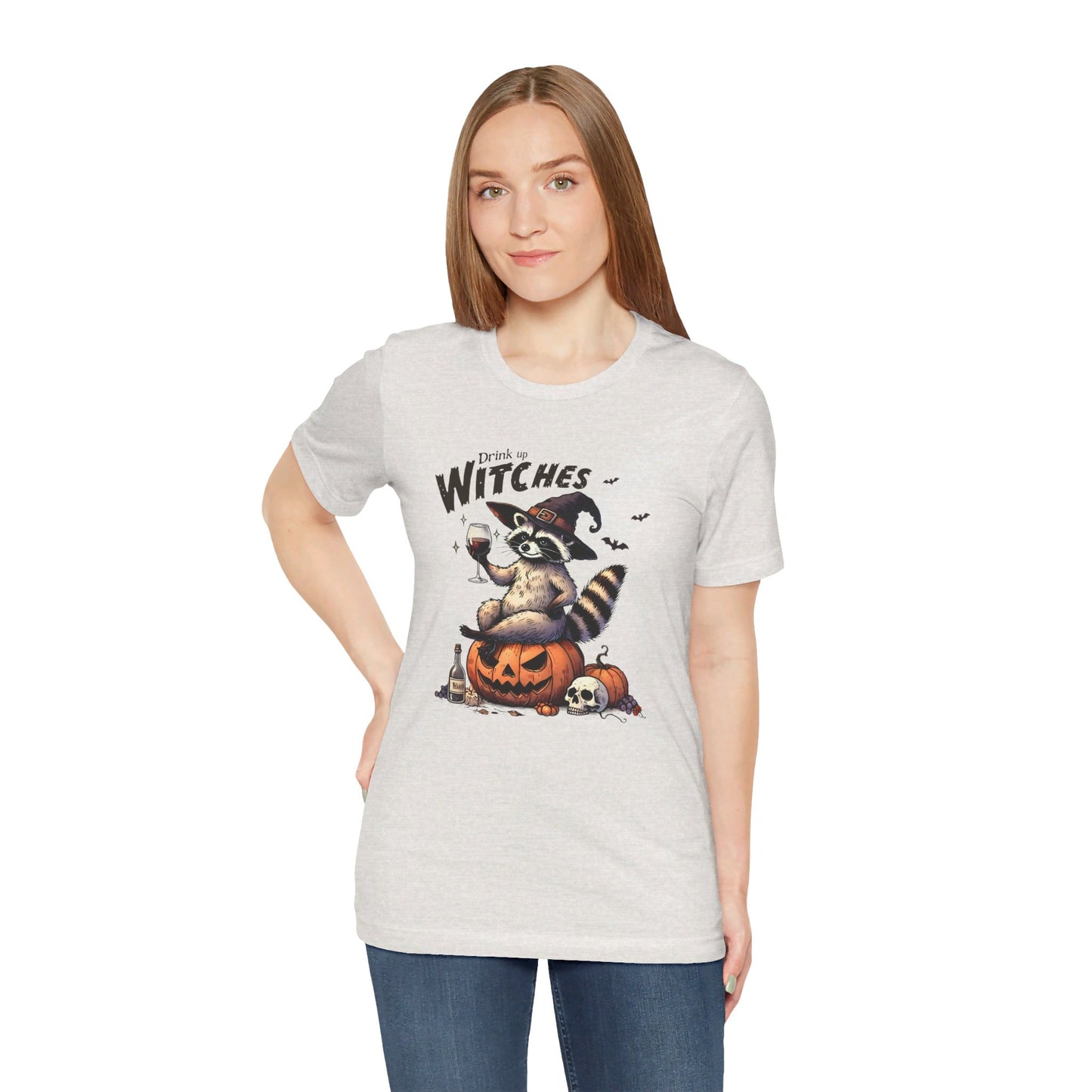 Drink Up Witches: Halloween Bella Canvas T-shirt with Raccoon