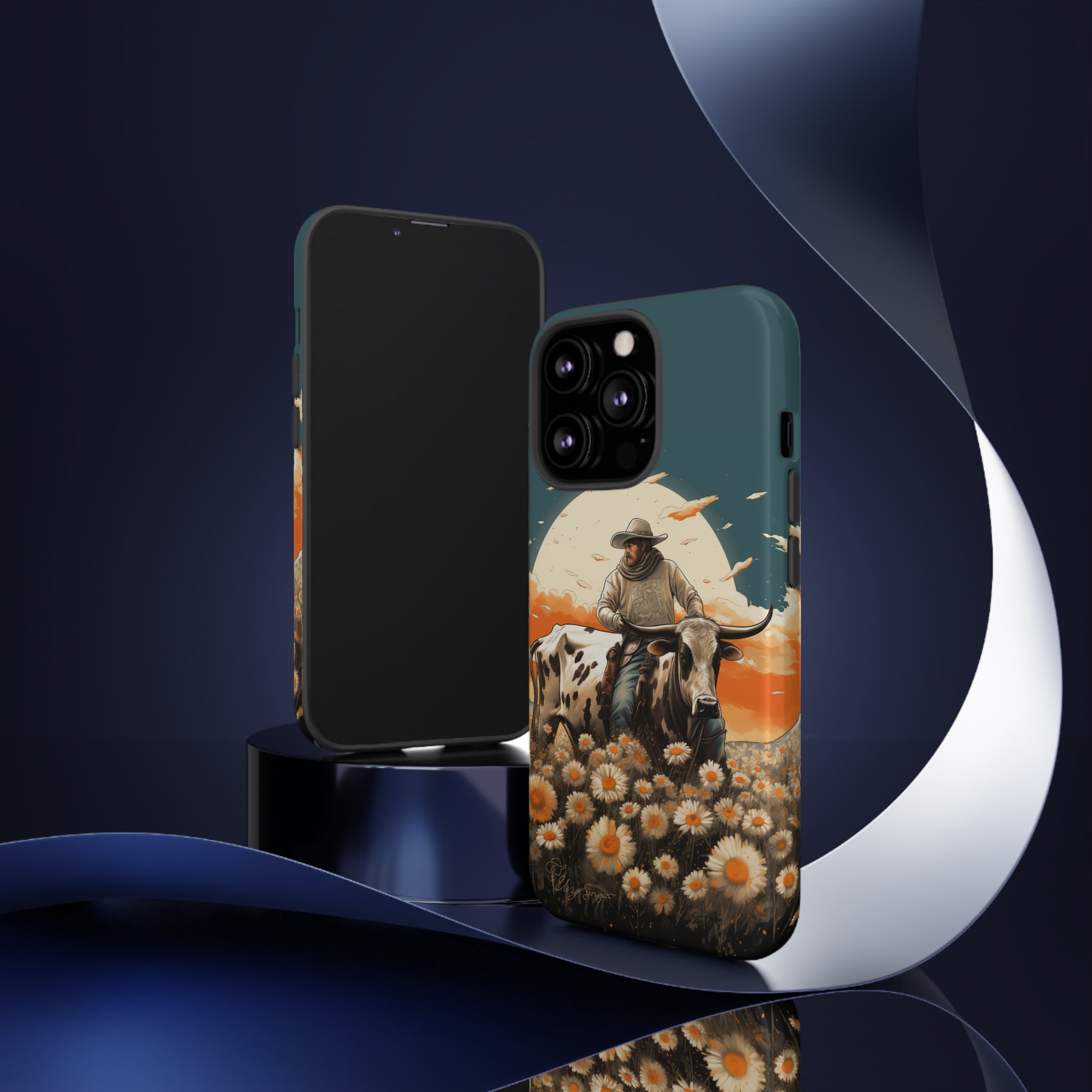 Harmony of Contrasts: Dive into our Tough Cell Phone Case, a visual symphony featuring a bullrider on a black and white dairy cow amidst a vibrant field of flowers. This edition effortlessly merges toughness with artistic flair, offering a unique and captivating contrast. Elevate your phone with rugged elegance. #ElizaSinger #PhoneCase #ContrastHarmony
