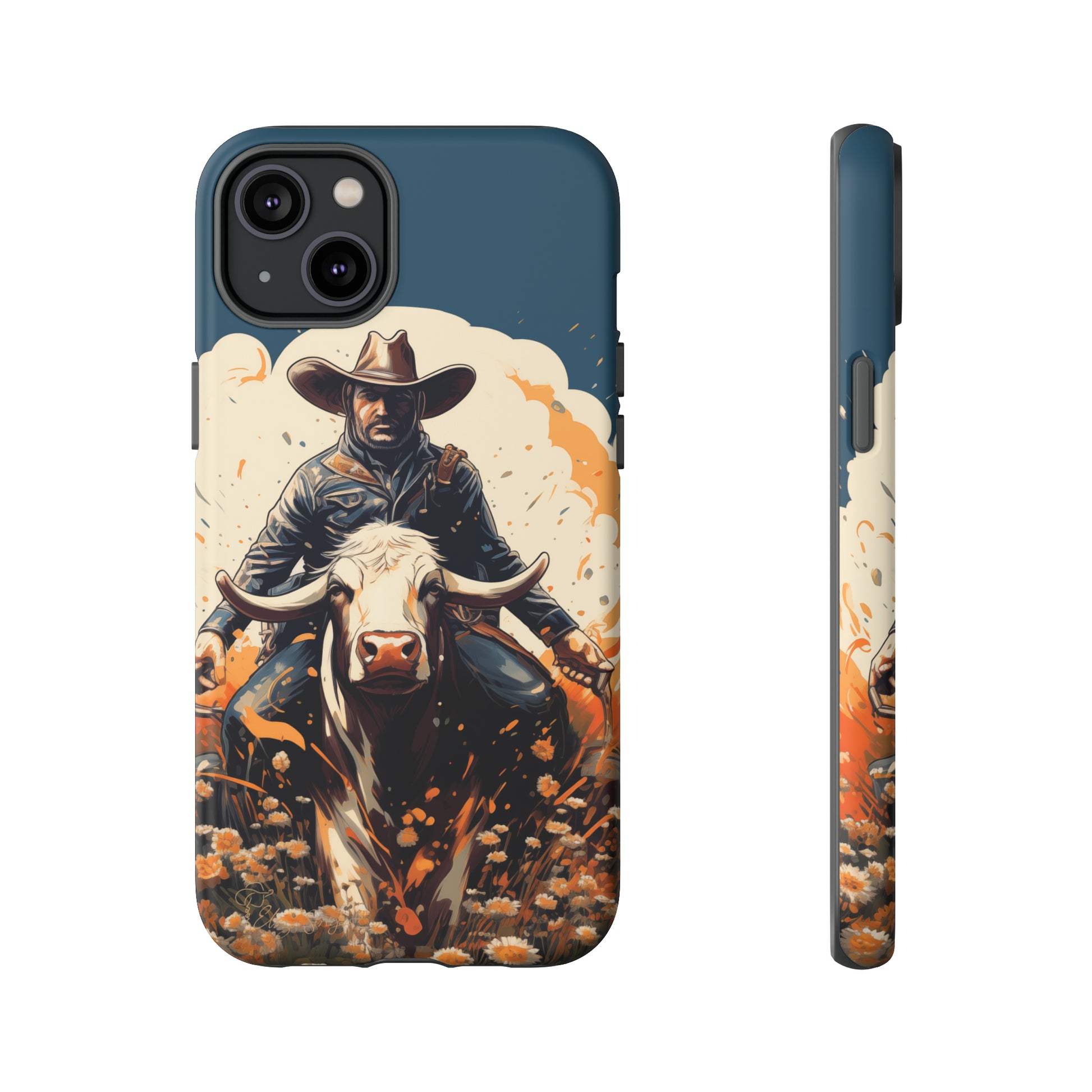 Time-Tested Charm: Immerse yourself in the charm of yesteryear with our Tough Cell Phone Case. Featuring a cowboy on a cow in a field of flowers, this design exudes retro vibes. Experience the perfect blend of vintage style and durable protection. Elevate your phone with a touch of timeless allure. #ElizaSinger #PhoneCase #VintageCharm