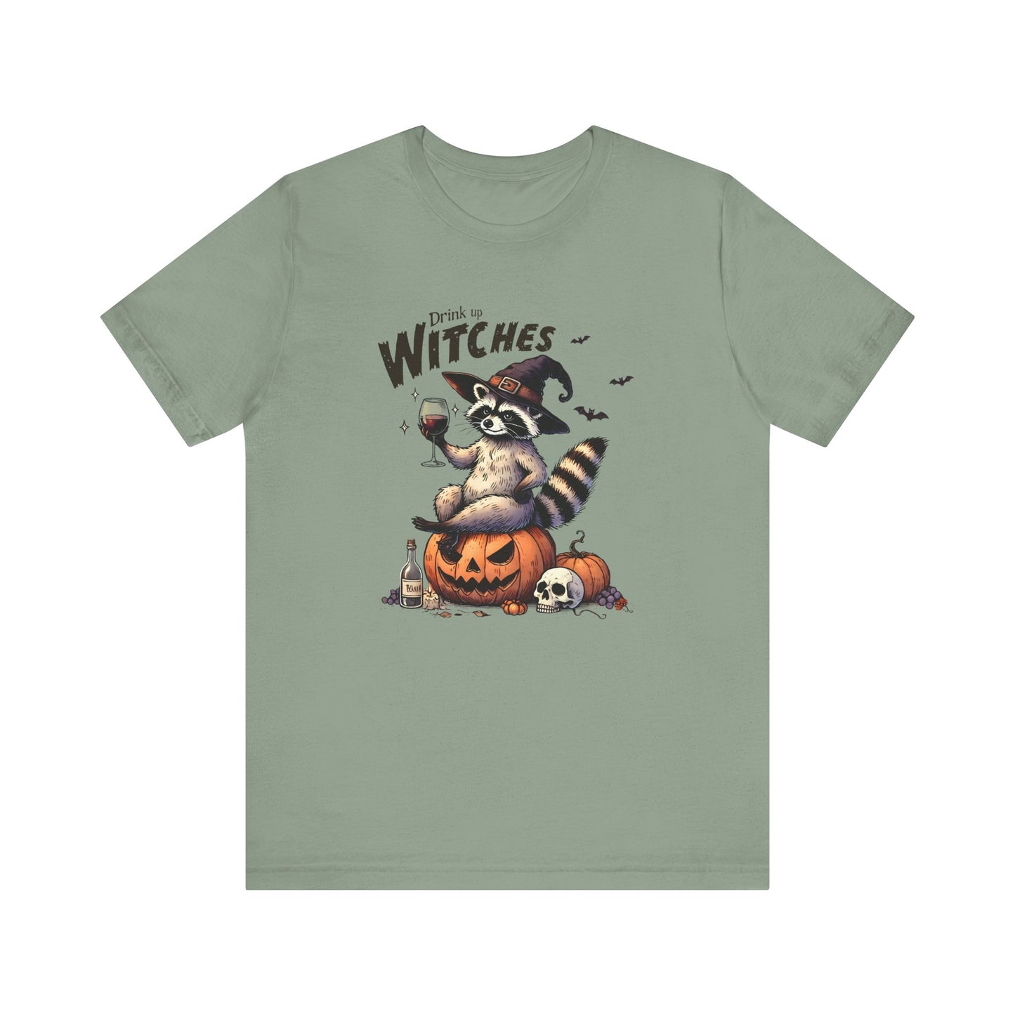 Drink Up Witches: Halloween Bella Canvas T-shirt with Raccoon