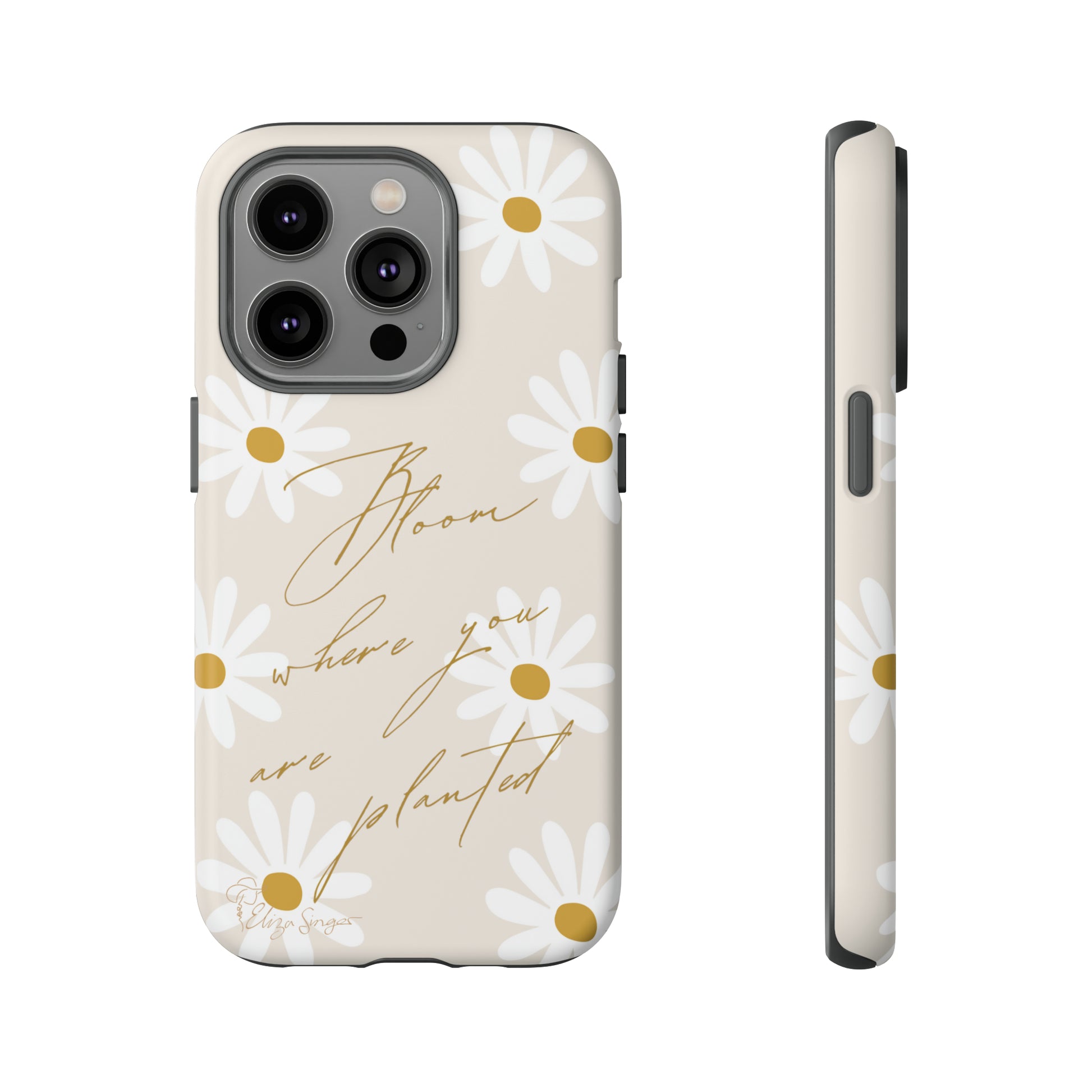 Sunny Boho Blooms: Boho Flower Daisy iPhone Tough Protective Case. A lively fusion of Flowers, Boho, and floral daisies design. Compatible with iPhone 15, 14, 13, XS, XR Pro/Max/Mini/P/Plus. Elevate Your Device with Bohemian Charm and Durability. #ElizaSinger #PhoneCase #FloralDesign