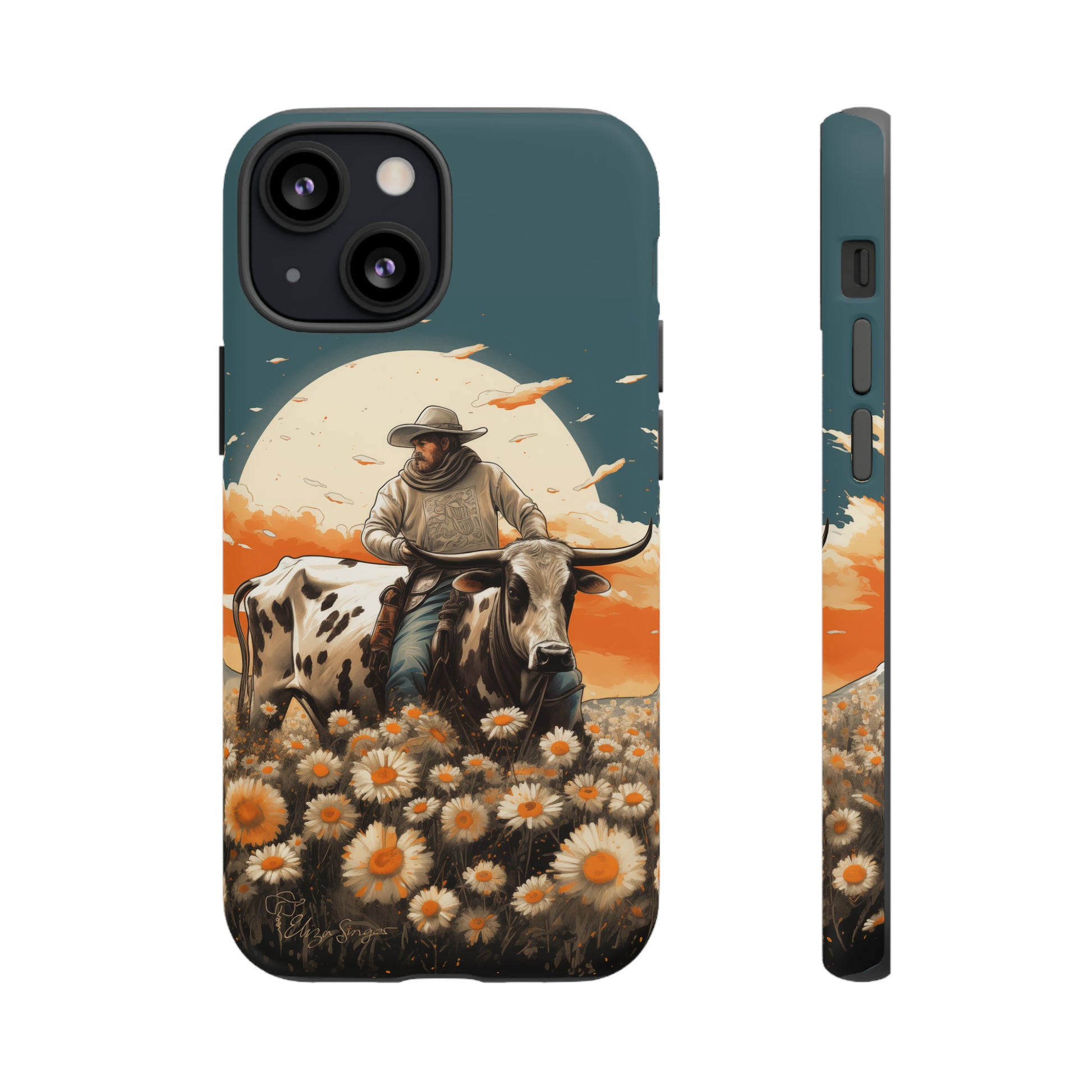 Harmony of Contrasts: Dive into our Tough Cell Phone Case, a visual symphony featuring a bullrider on a black and white dairy cow amidst a vibrant field of flowers. This edition effortlessly merges toughness with artistic flair, offering a unique and captivating contrast. Elevate your phone with rugged elegance. #ElizaSinger #PhoneCase #ContrastHarmony