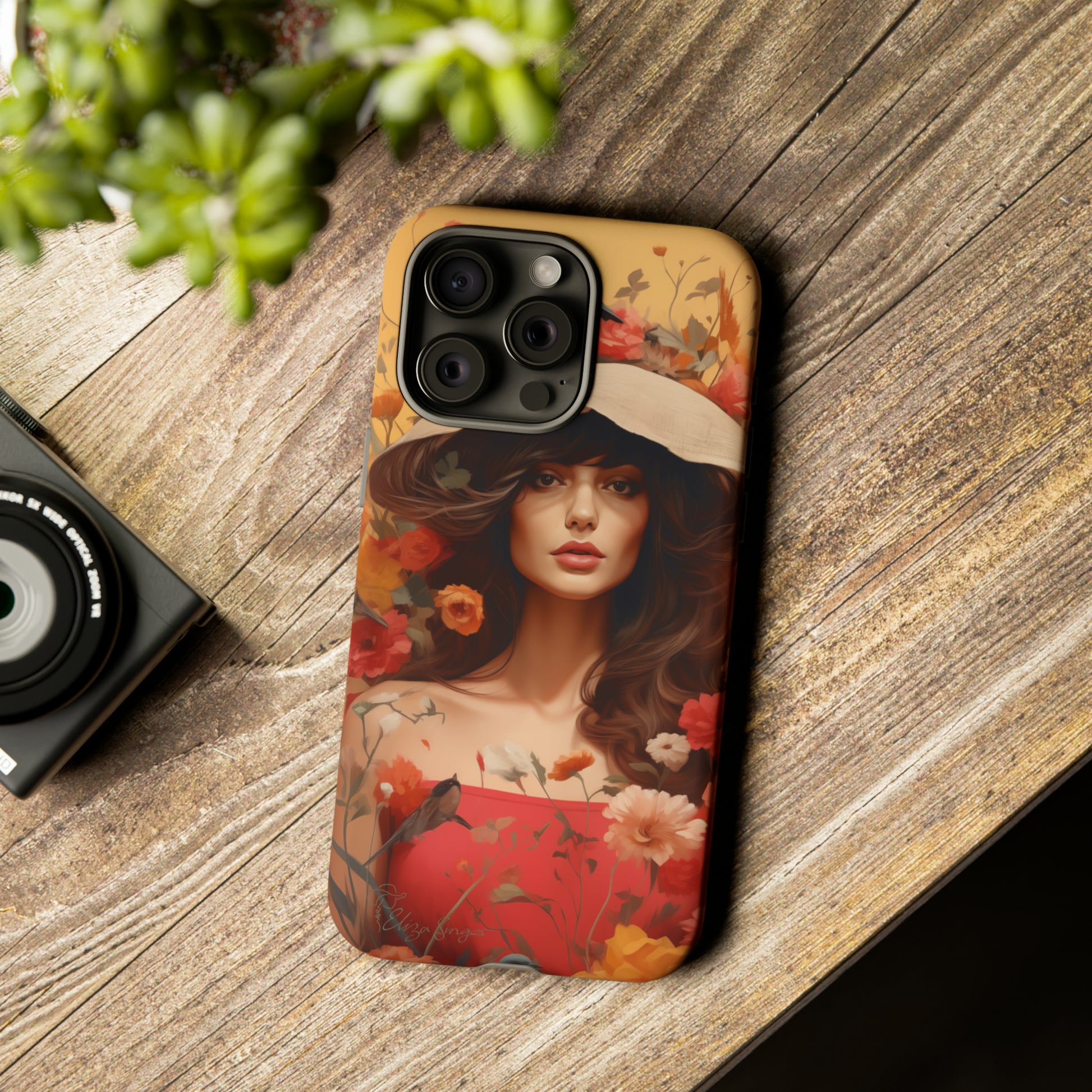 Bask in Sunshine: Embrace the warmth with our Tough Cell Phone Case. A yellow backdrop and a woman in a hat surrounded by flowers create a radiant design. Experience the perfect blend of style and protection, bringing sunshine into your everyday. Elevate your phone with a burst of brightness. #ElizaSinger #PhoneCase #SunshineRadiance