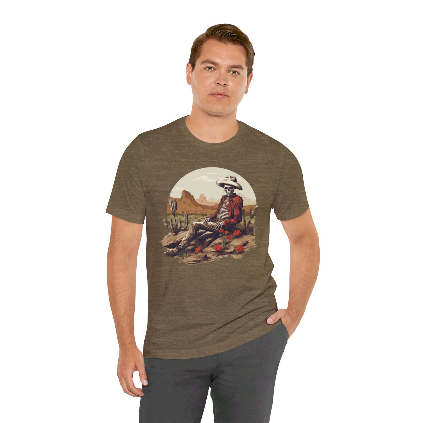 Skeleton Cowboy in Desert: Red Blazer Bella Canvas T-shirt