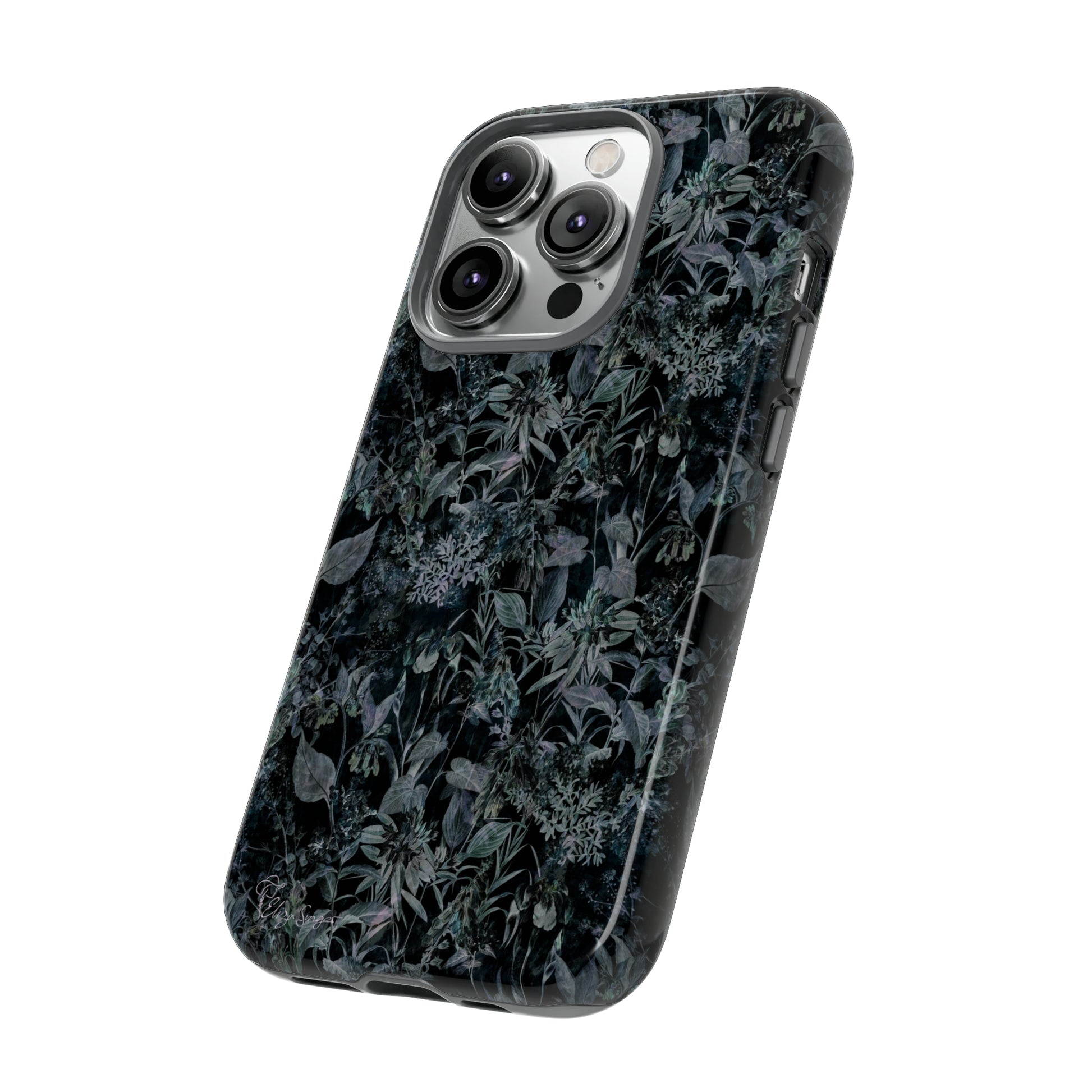 Blossom in Style: Botany Floral Dark Flowers Blue Denim iPhone Tough Protective Cover. This case features a Flower and Muted Grey Design, compatible with iPhone 15, 14, 13, XS, XR Pro/Max/Mini/P/Plus. Unleash Nature's Beauty with Style and Durability. #ElizaSinger #PhoneCase #FloralDesign