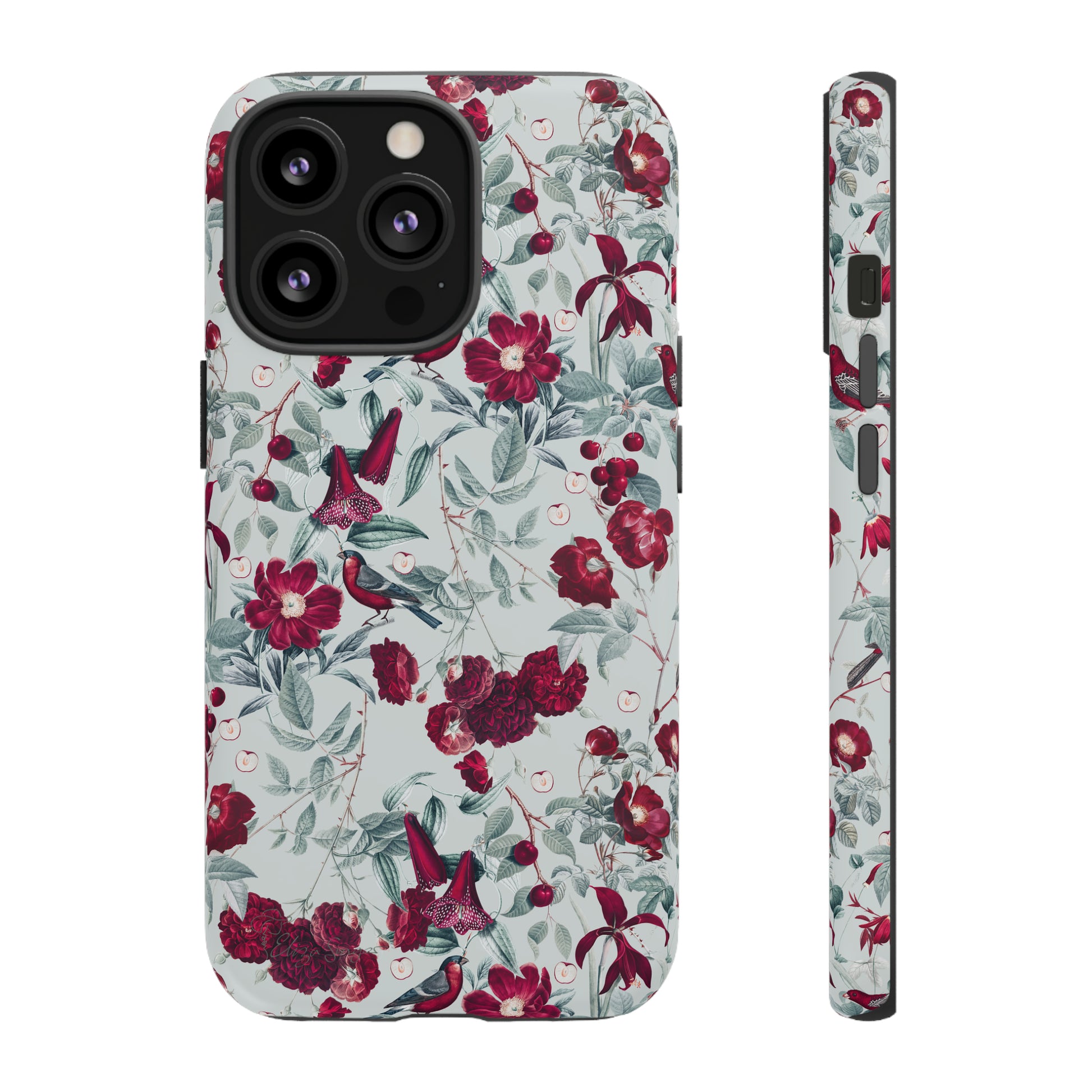 Cherry Blossom Serenade: Cherish nature's beauty with 'Cherry Blossom Serenade.' This iPhone case features flowers and burgundy birds on a blue background, creating a captivating floral wildlife bird and flower design. Elevate your device with this enchanting and stylish protective cover. #ElizaSinger #PhoneCase #FloralDesign