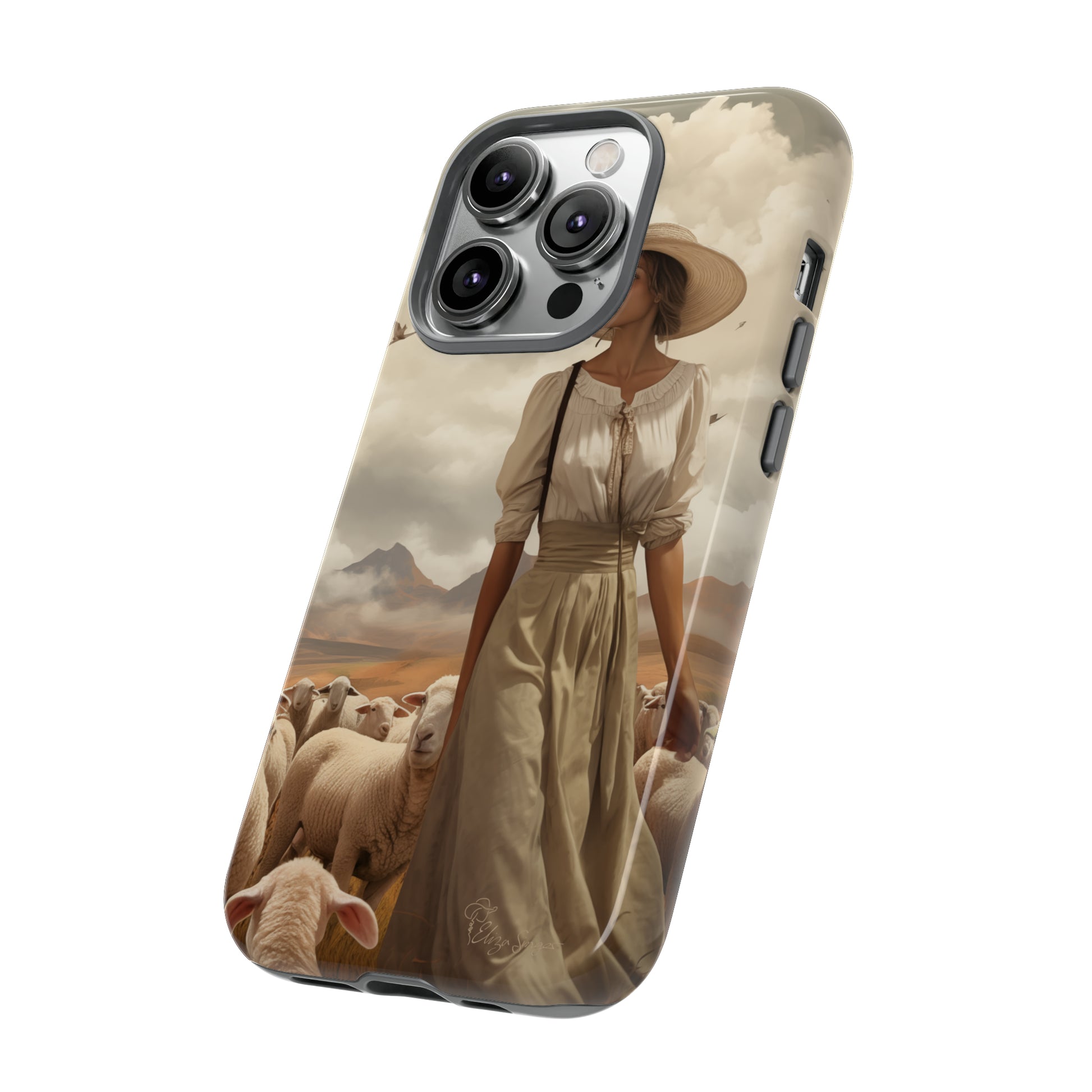 Immerse yourself in a dreamy landscape with our Tough Western Cell Phone Case showcasing a vintage painted design of a woman wearing a hat, walking through a prairie landscape with sheep behind her. Experience the magic of the past with this edition.