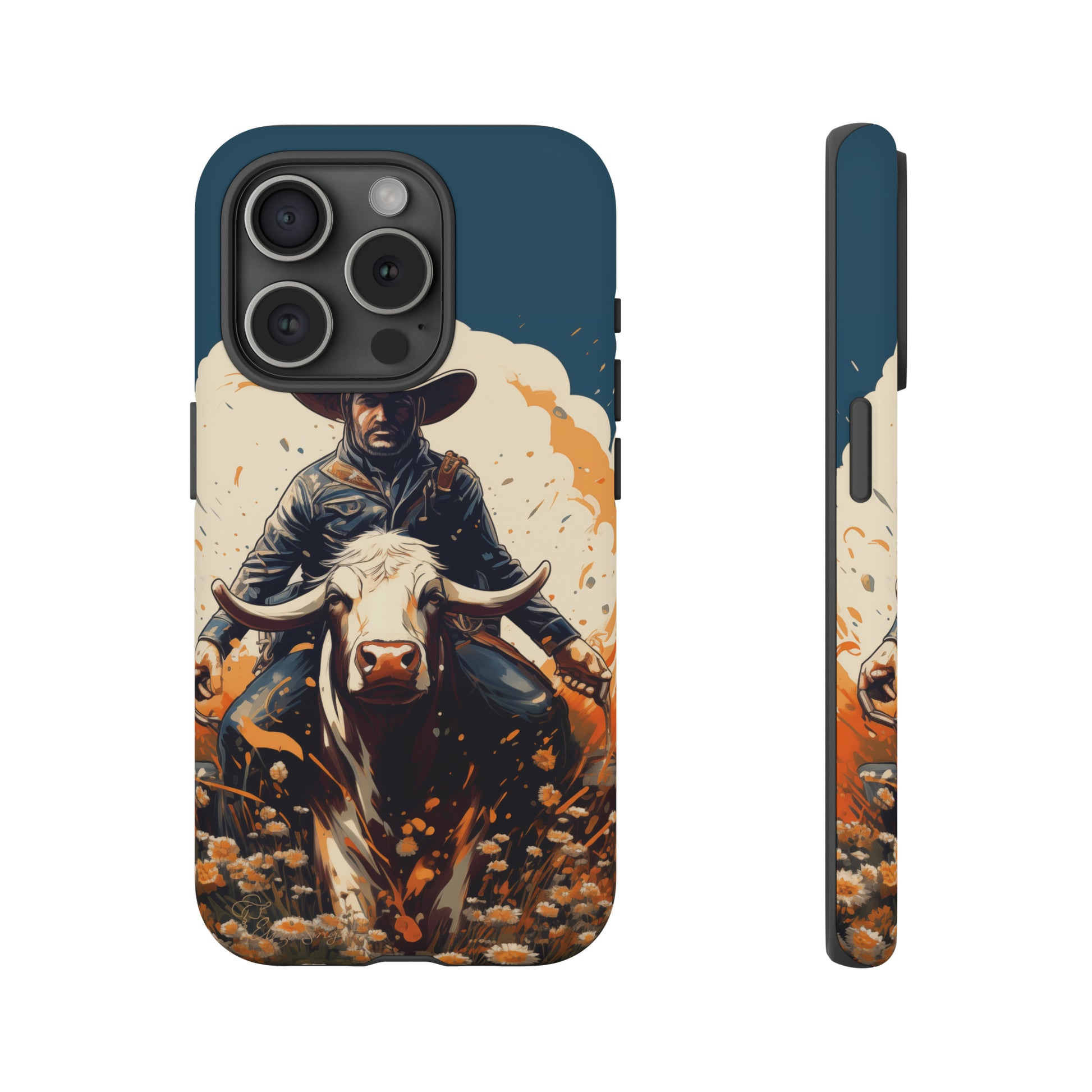 Time-Tested Charm: Immerse yourself in the charm of yesteryear with our Tough Cell Phone Case. Featuring a cowboy on a cow in a field of flowers, this design exudes retro vibes. Experience the perfect blend of vintage style and durable protection. Elevate your phone with a touch of timeless allure. #ElizaSinger #PhoneCase #VintageCharm