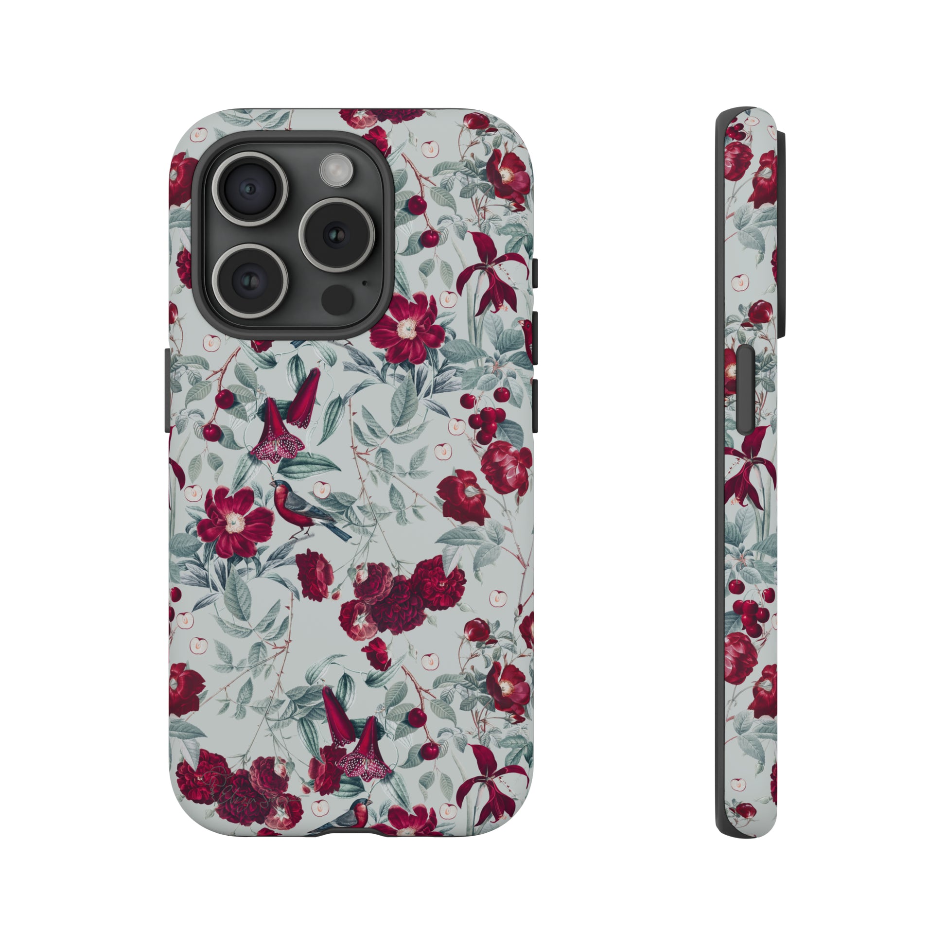 Cherry Blossom Serenade: Cherish nature's beauty with 'Cherry Blossom Serenade.' This iPhone case features flowers and burgundy birds on a blue background, creating a captivating floral wildlife bird and flower design. Elevate your device with this enchanting and stylish protective cover. #ElizaSinger #PhoneCase #FloralDesign