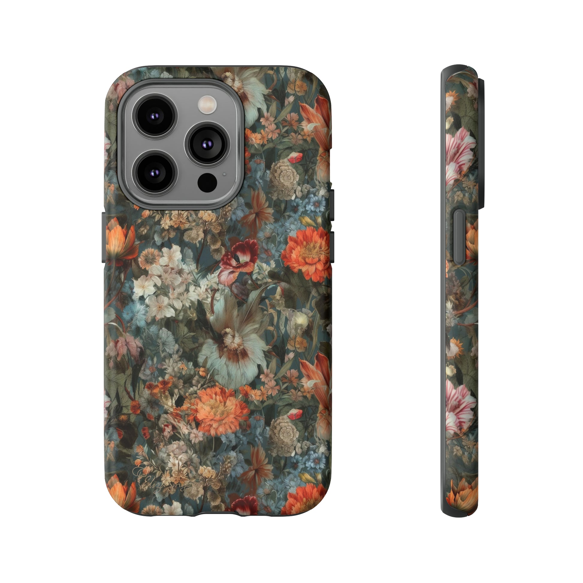 Blooms in Shadows: Botany Floral Dark Flowers iPhone Tough Protective Cover. A captivating blend of Flowers in muted colors, compatible with iPhone 15, 14, 13, XS, XR Pro/Max/Mini/P/Plus. Unleash Nature's Elegance with Durability and Style. #ElizaSinger #PhoneCase #FloralDesign