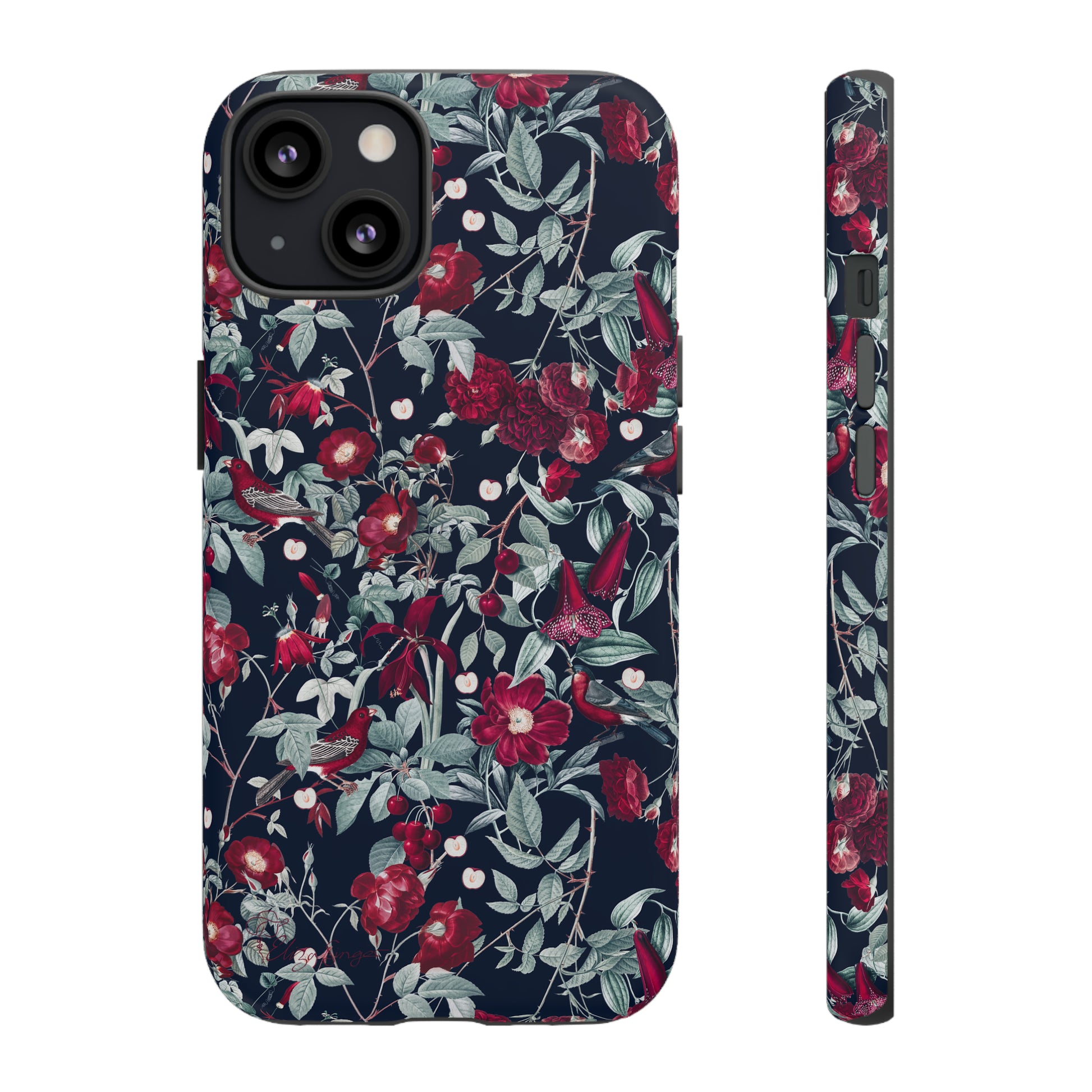 Blossom Serenade: Cherry Blossom Serenade Burgundy Navy Dark iPhone Tough Protective Cover. A captivating blend of Flowers in burgundy and navy hues, featuring a muted design. Compatible with iPhone 15, 14, 13, XS, XR Pro/Max/Mini/P/Plus. Elevate your device with this enchanting and stylish protective cover. #ElizaSinger #PhoneCase #FloralDesign