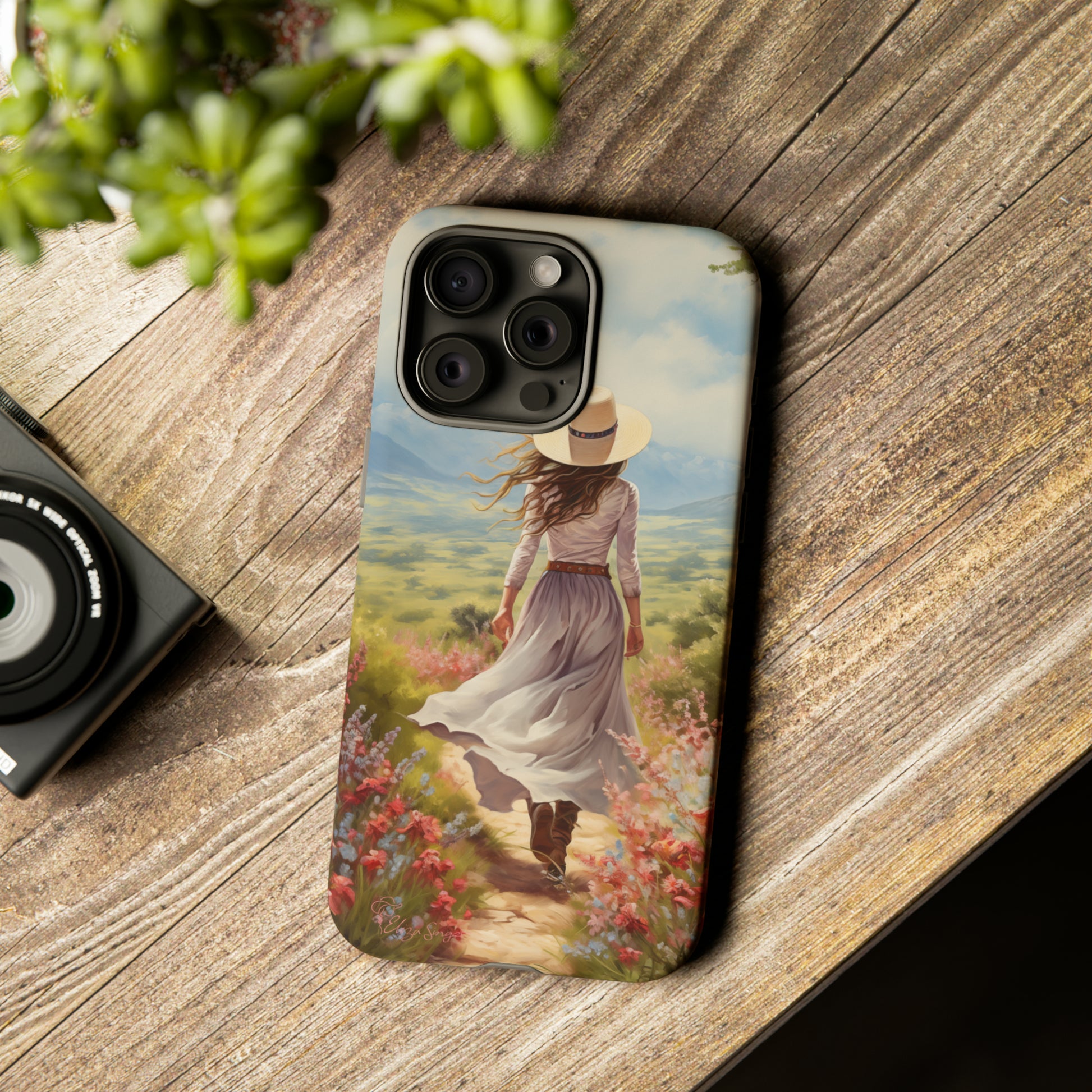 Embrace Whimsical Protection: Tough Western Cell Phone Case by Eliza Singer. Step into a World of Enchantment with a Stylish Woman Amidst Nature's Beauty. Safeguard Your Phone with Artistic Charm. #ElizaSinger #PhoneCase #WesternStyle 