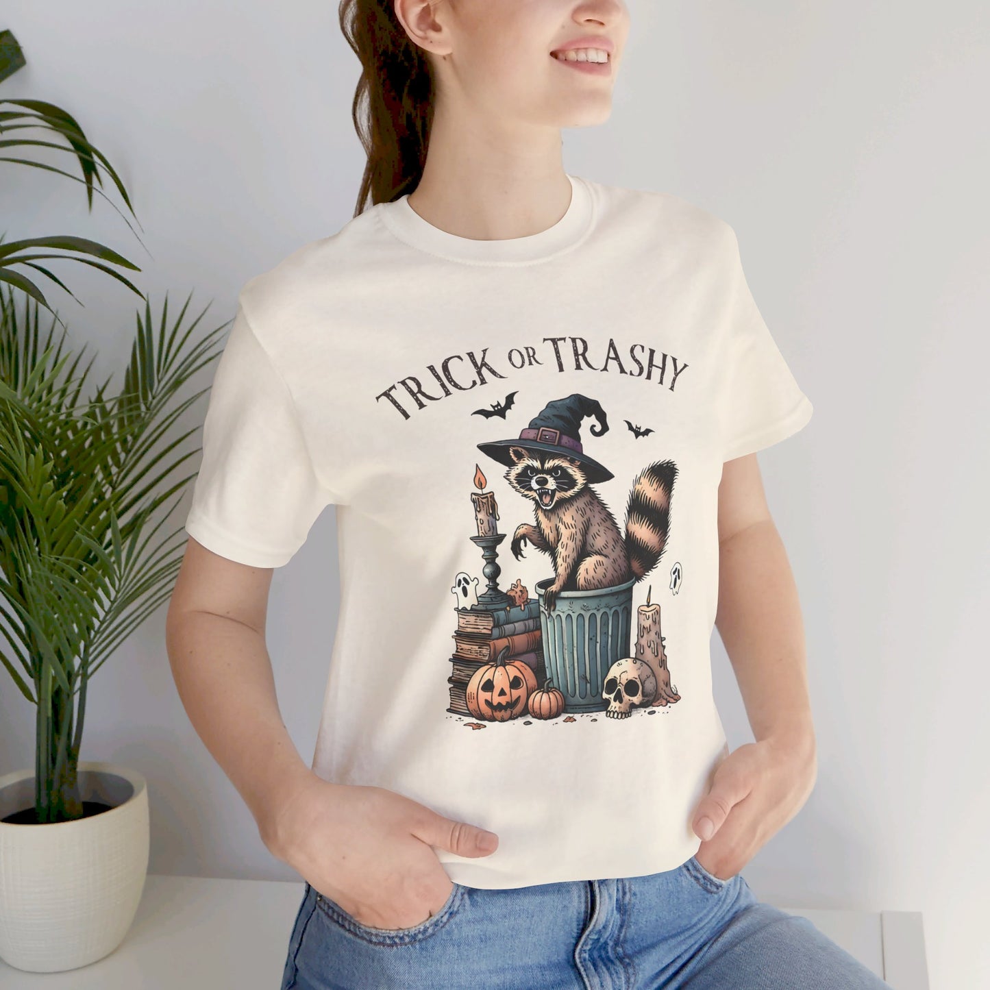 Trick or Trashy: Halloween Bella Canvas T-shirt with Raccoon