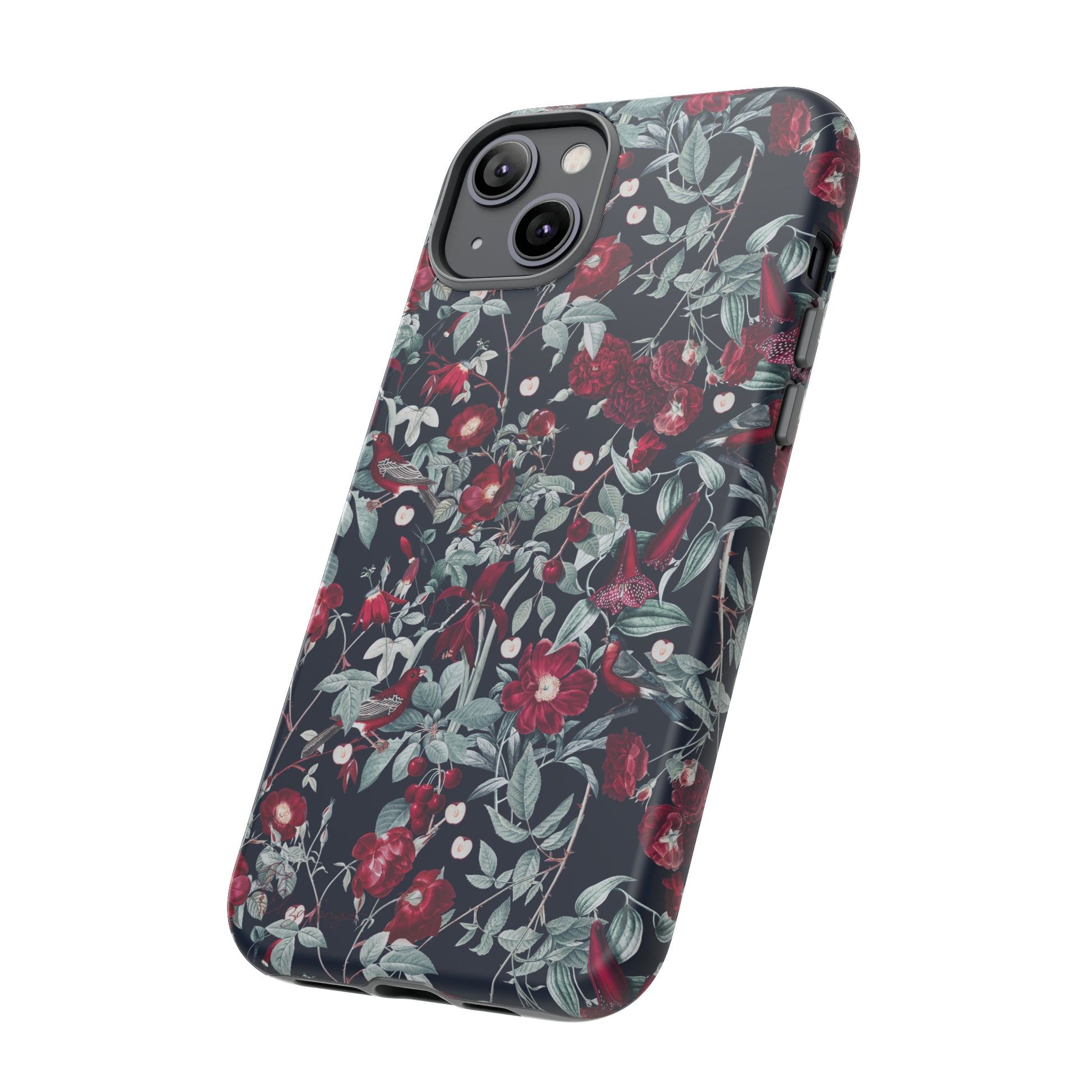 Blossom Serenade: Cherry Blossom Serenade Burgundy Navy Dark iPhone Tough Protective Cover. A captivating blend of Flowers in burgundy and navy hues, featuring a muted design. Compatible with iPhone 15, 14, 13, XS, XR Pro/Max/Mini/P/Plus. Elevate your device with this enchanting and stylish protective cover. #ElizaSinger #PhoneCase #FloralDesign