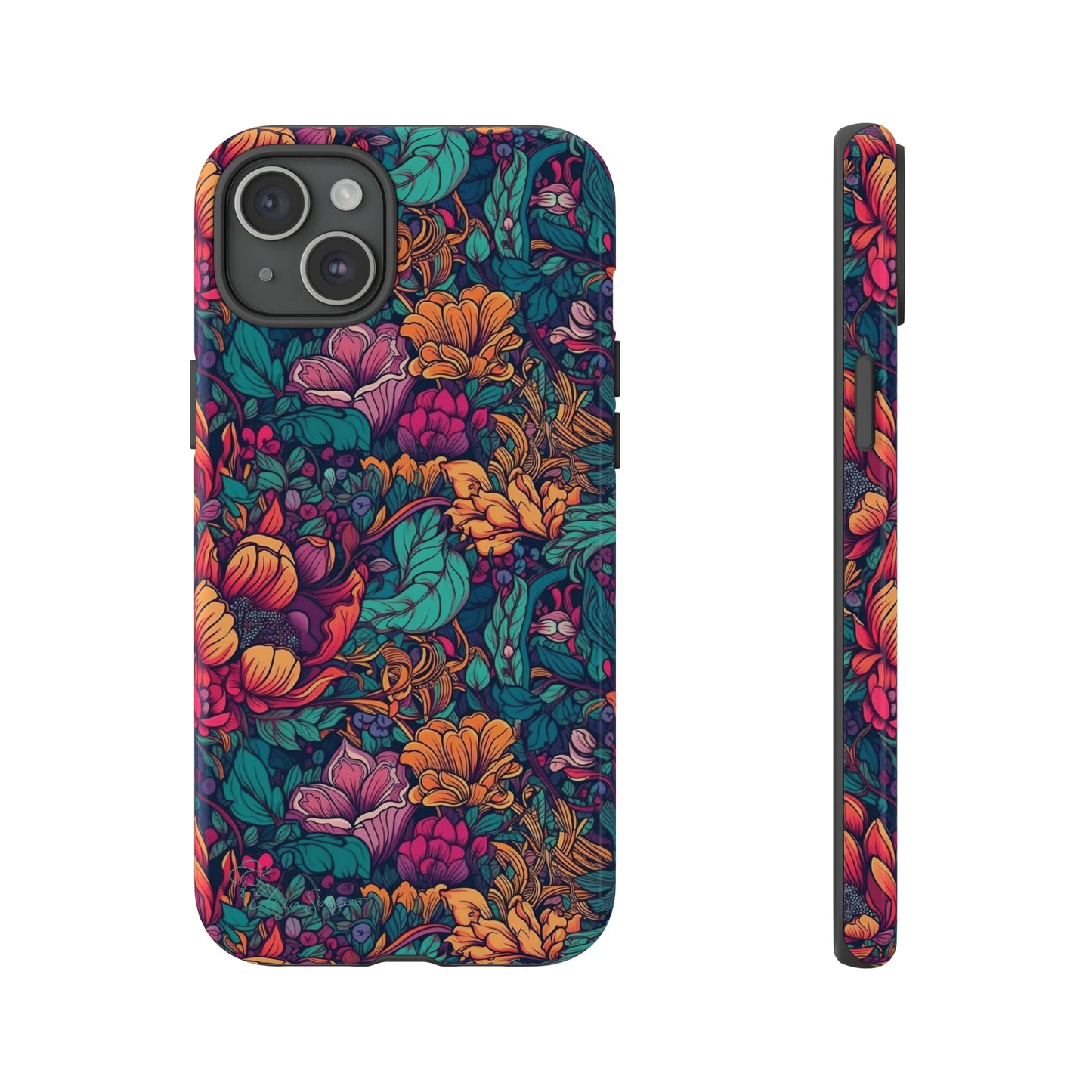 Vibrant Boho Blossoms: iPhone Tough Protective Cover. Featuring a bright abstract floral design, this case adds a touch of Bohemian flair. Compatible with iPhone 15, 14, 13, XS, XR Pro/Max/Mini/P/Plus. Embrace Boho Chic with Style and Durability. #ElizaSinger #PhoneCase #FloralDesign