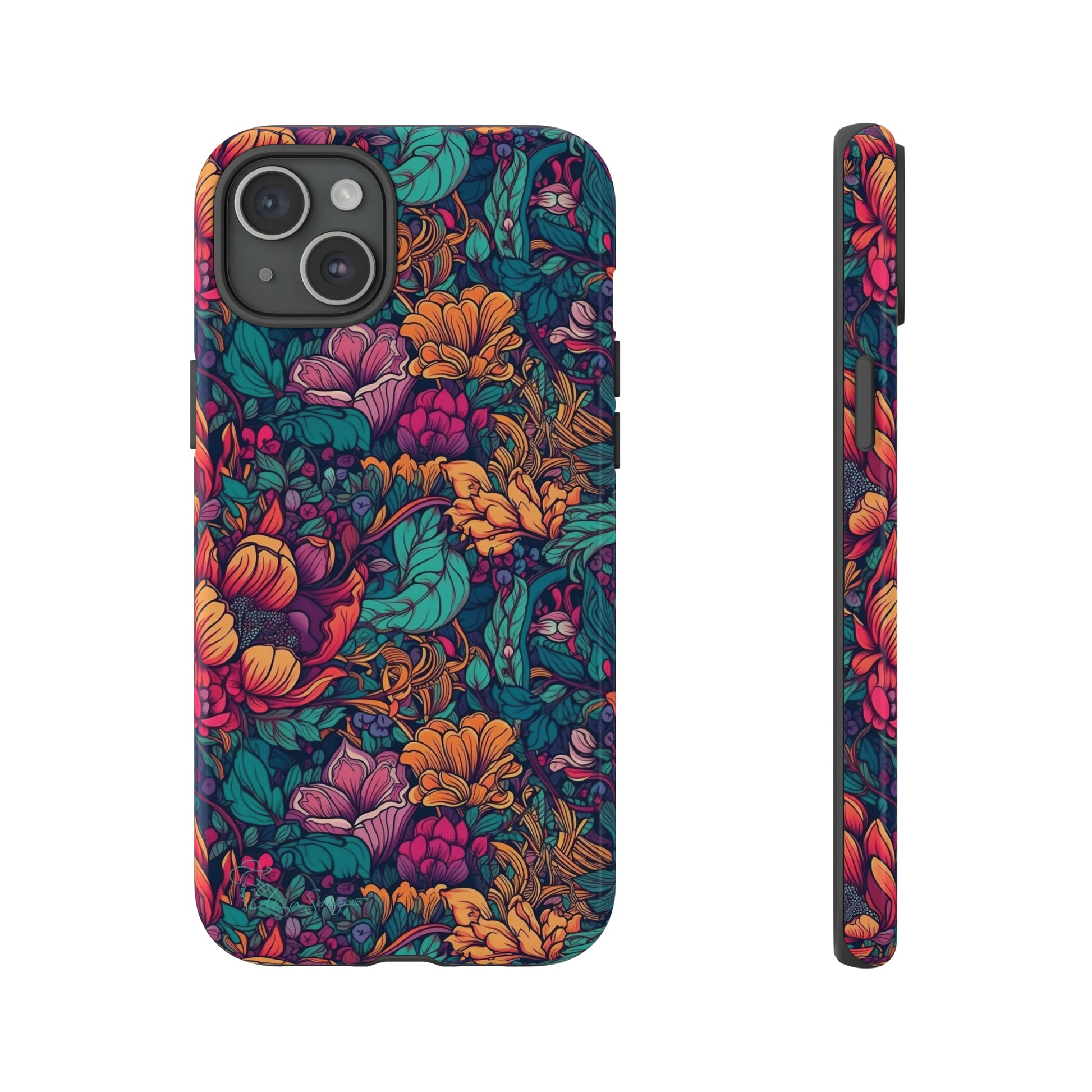 Vibrant Boho Blossoms: iPhone Tough Protective Cover. Featuring a bright abstract floral design, this case adds a touch of Bohemian flair. Compatible with iPhone 15, 14, 13, XS, XR Pro/Max/Mini/P/Plus. Embrace Boho Chic with Style and Durability. #ElizaSinger #PhoneCase #FloralDesign