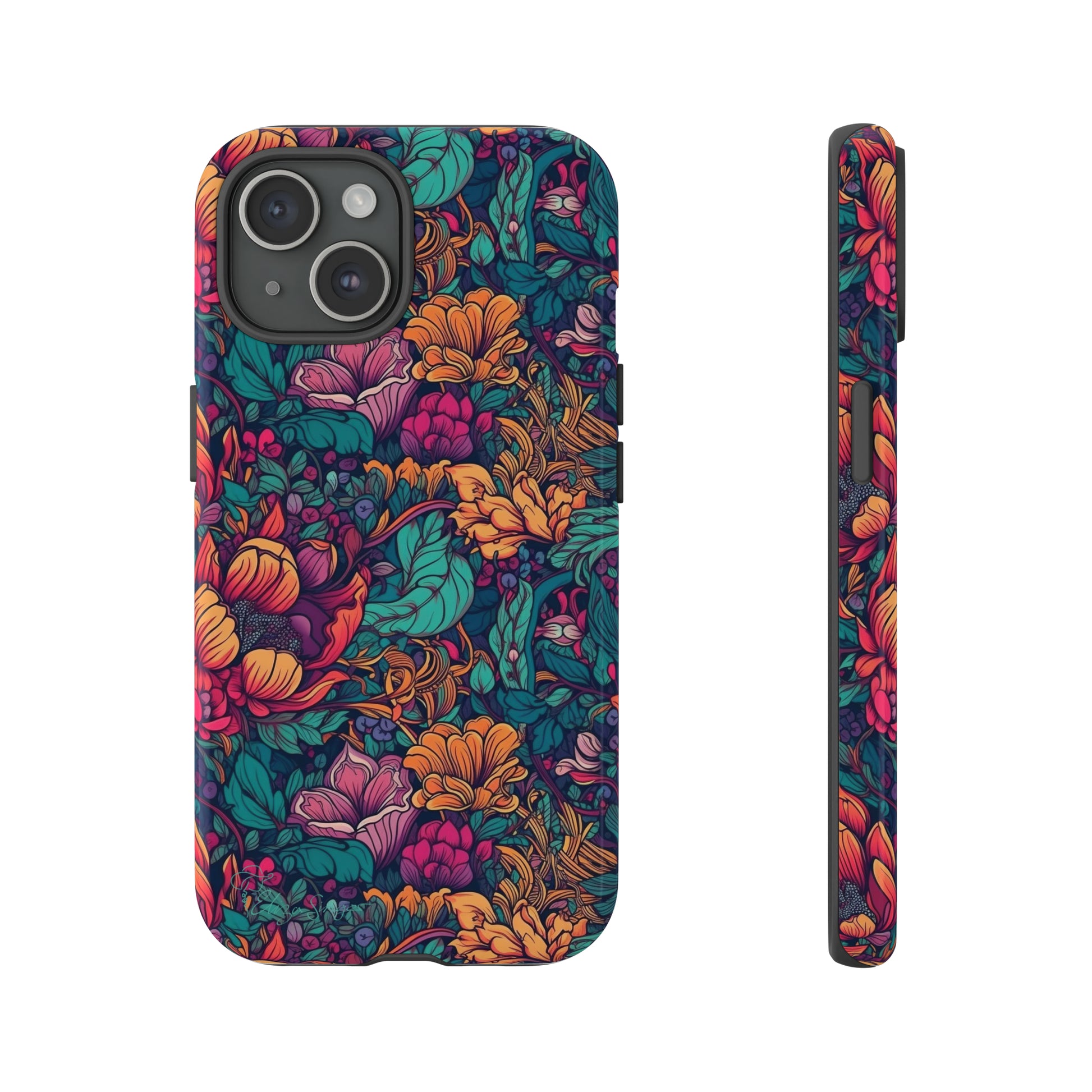Vibrant Boho Blossoms: iPhone Tough Protective Cover. Featuring a bright abstract floral design, this case adds a touch of Bohemian flair. Compatible with iPhone 15, 14, 13, XS, XR Pro/Max/Mini/P/Plus. Embrace Boho Chic with Style and Durability. #ElizaSinger #PhoneCase #FloralDesign