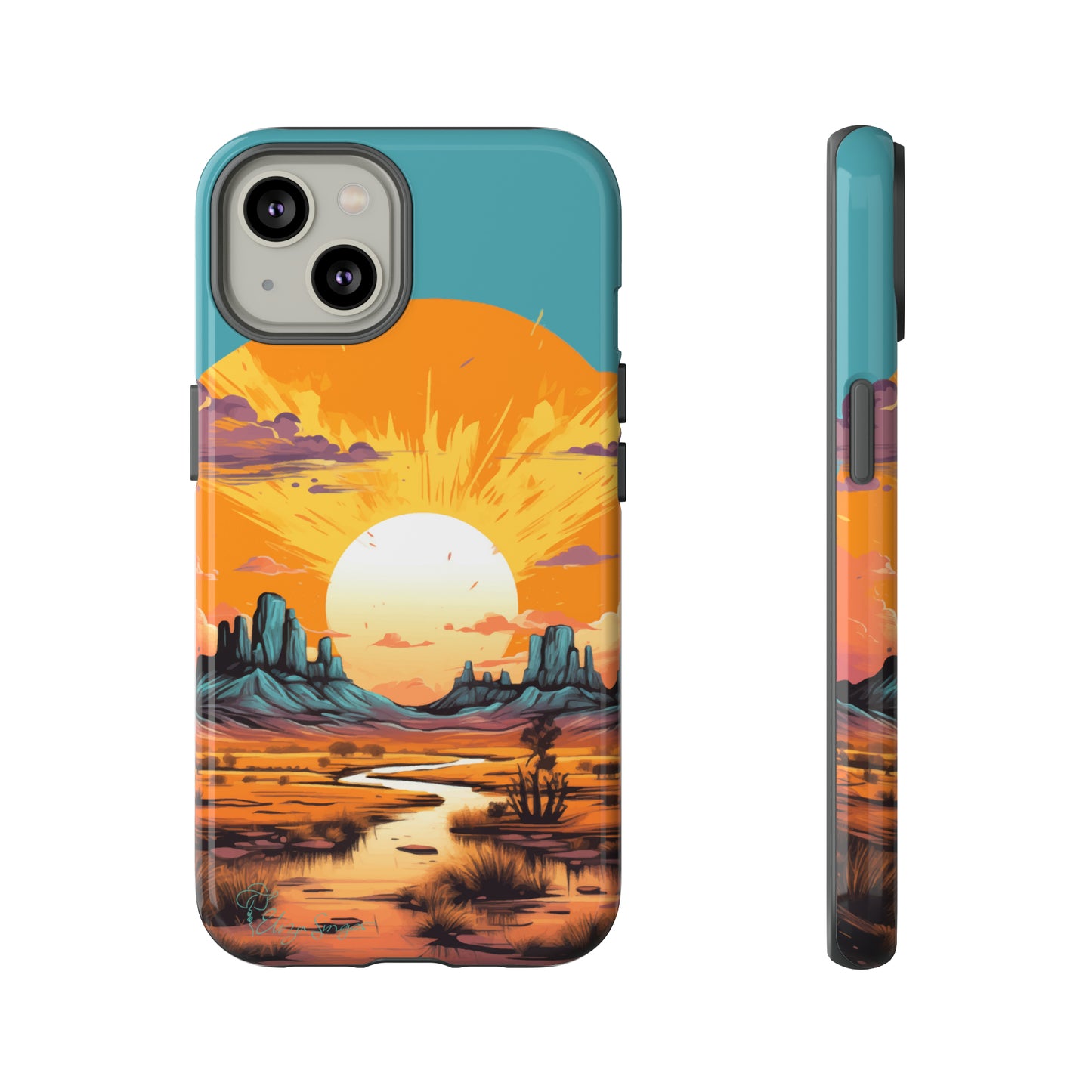 Introducing our Tough Western Cell Phone Case: Turquoise Twilight Oasis Edition! This captivating design showcases a serene landscape with a turquoise background and a mesmerizing setting sun. Enjoy the perfect blend of rugged protection and artistic flair.