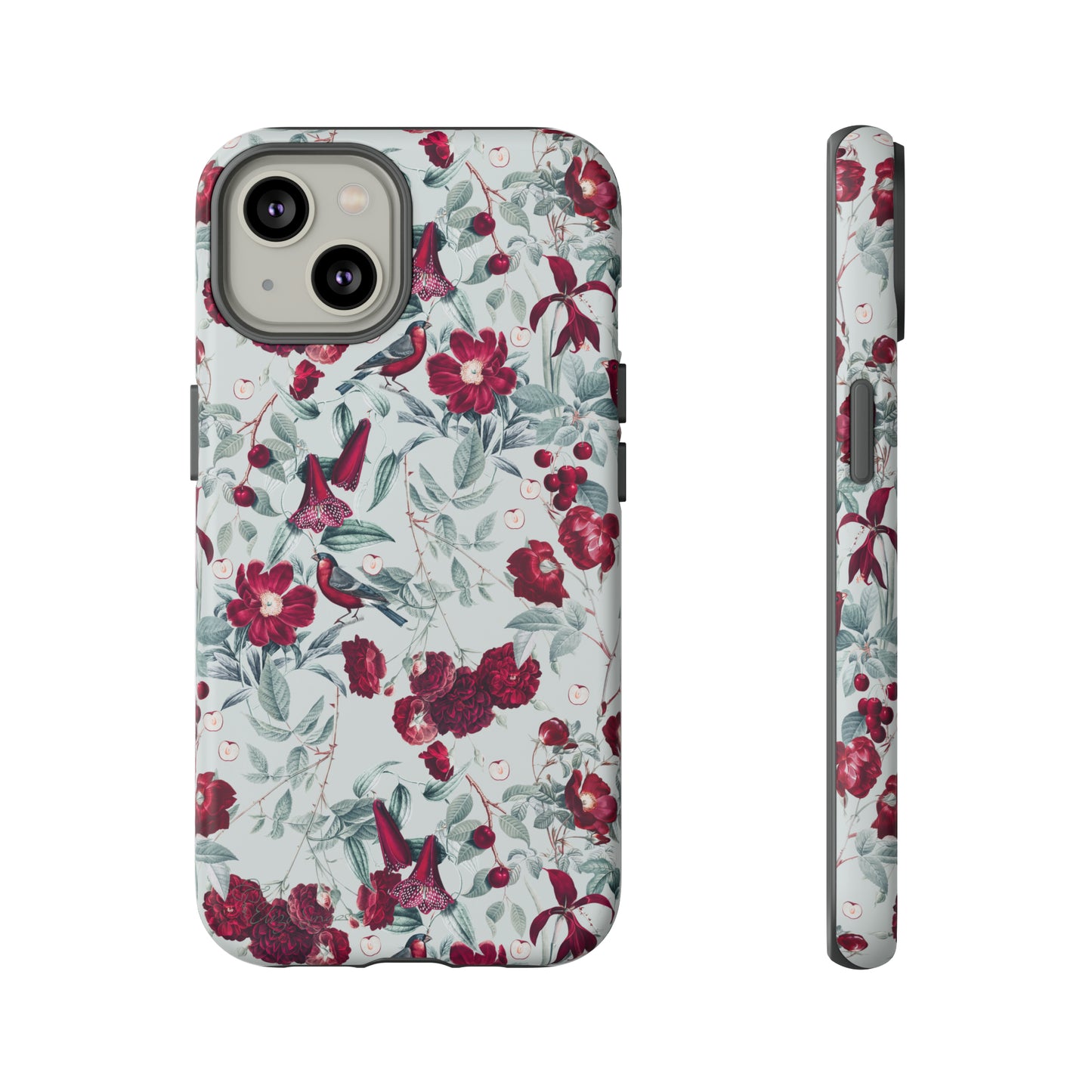 Cherry Blossom Serenade: Cherish nature's beauty with 'Cherry Blossom Serenade.' This iPhone case features flowers and burgundy birds on a blue background, creating a captivating floral wildlife bird and flower design. Elevate your device with this enchanting and stylish protective cover. #ElizaSinger #PhoneCase #FloralDesign
