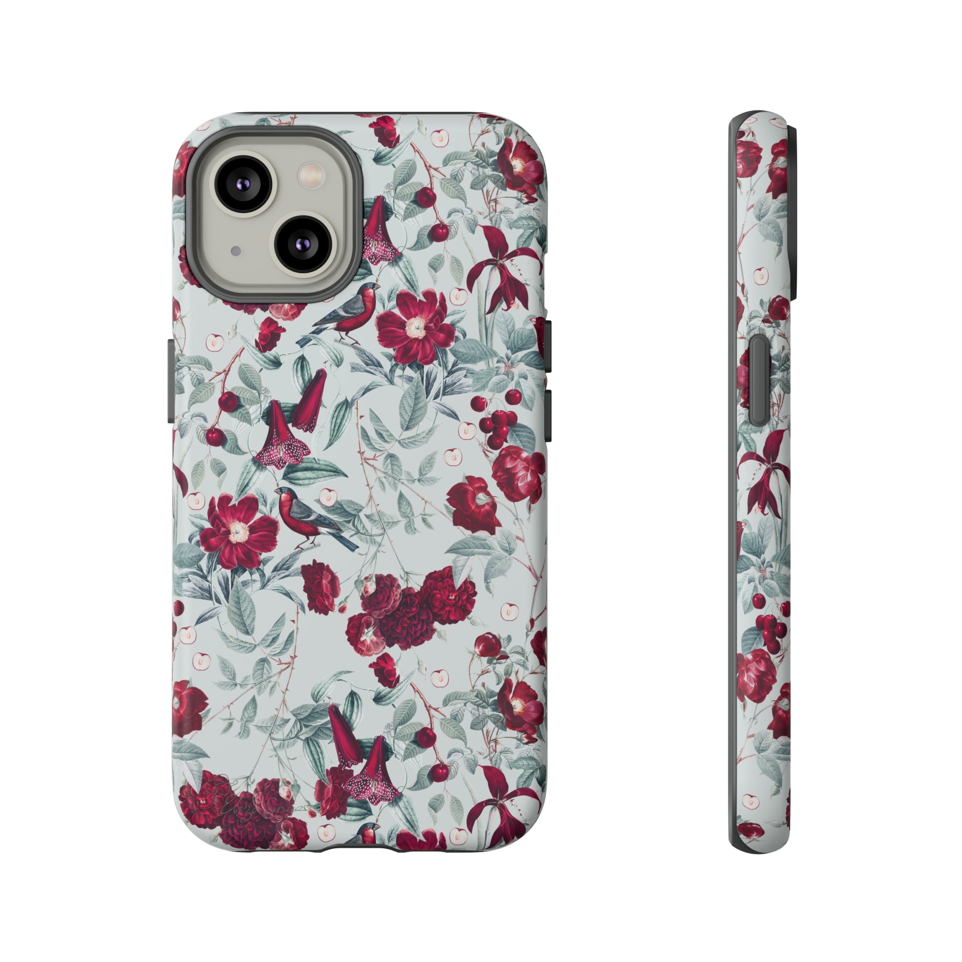 Cherry Blossom Serenade: Cherish nature's beauty with 'Cherry Blossom Serenade.' This iPhone case features flowers and burgundy birds on a blue background, creating a captivating floral wildlife bird and flower design. Elevate your device with this enchanting and stylish protective cover. #ElizaSinger #PhoneCase #FloralDesign