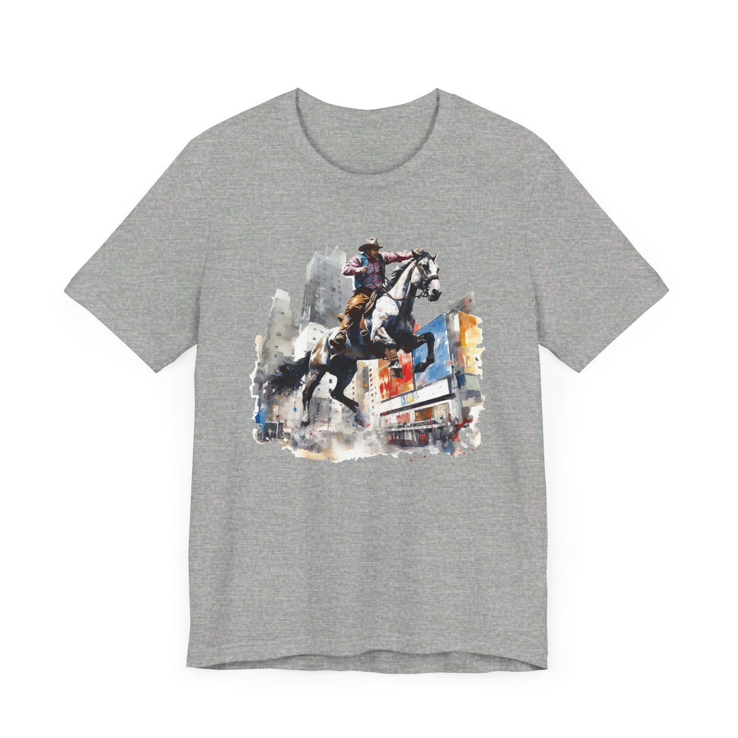 City Rodeo: Bella Canvas T-shirt with Cowboy in Urban Landscape