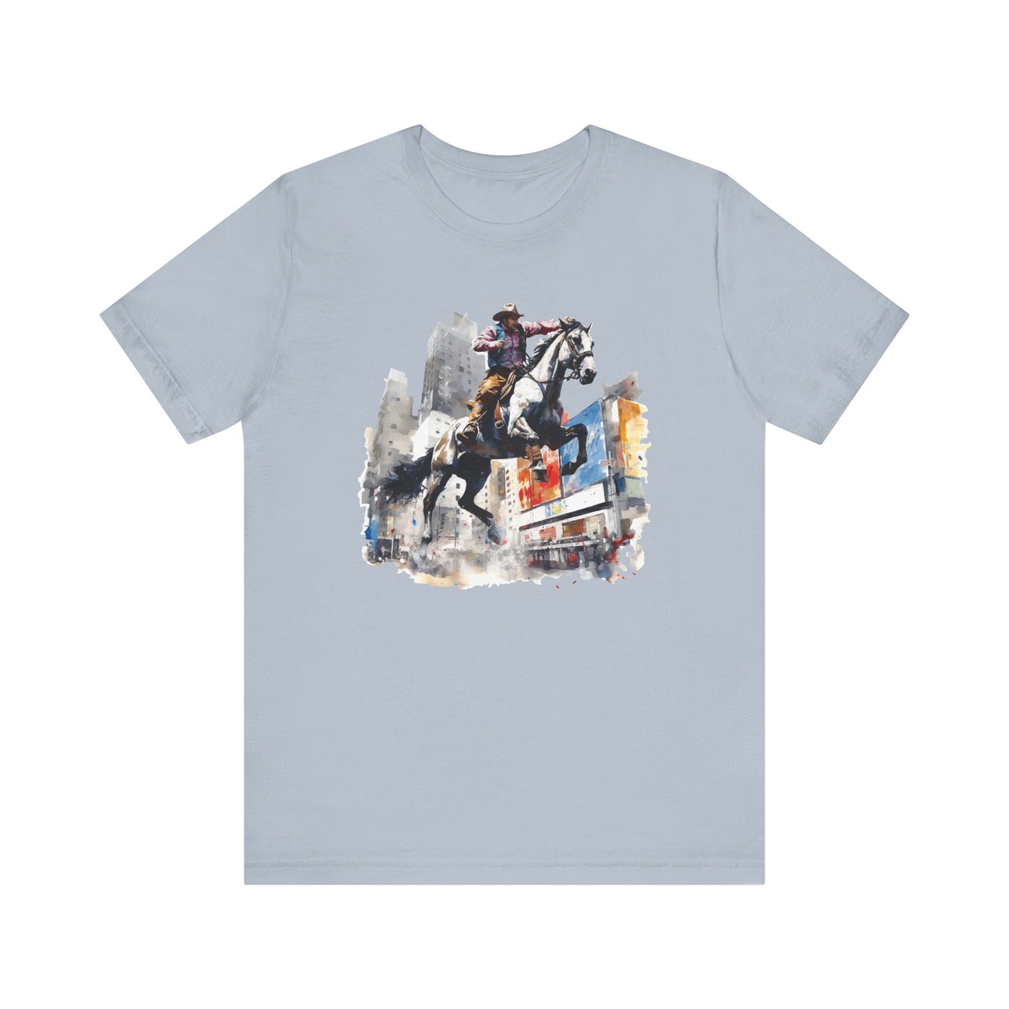 City Rodeo: Bella Canvas T-shirt with Cowboy in Urban Landscape
