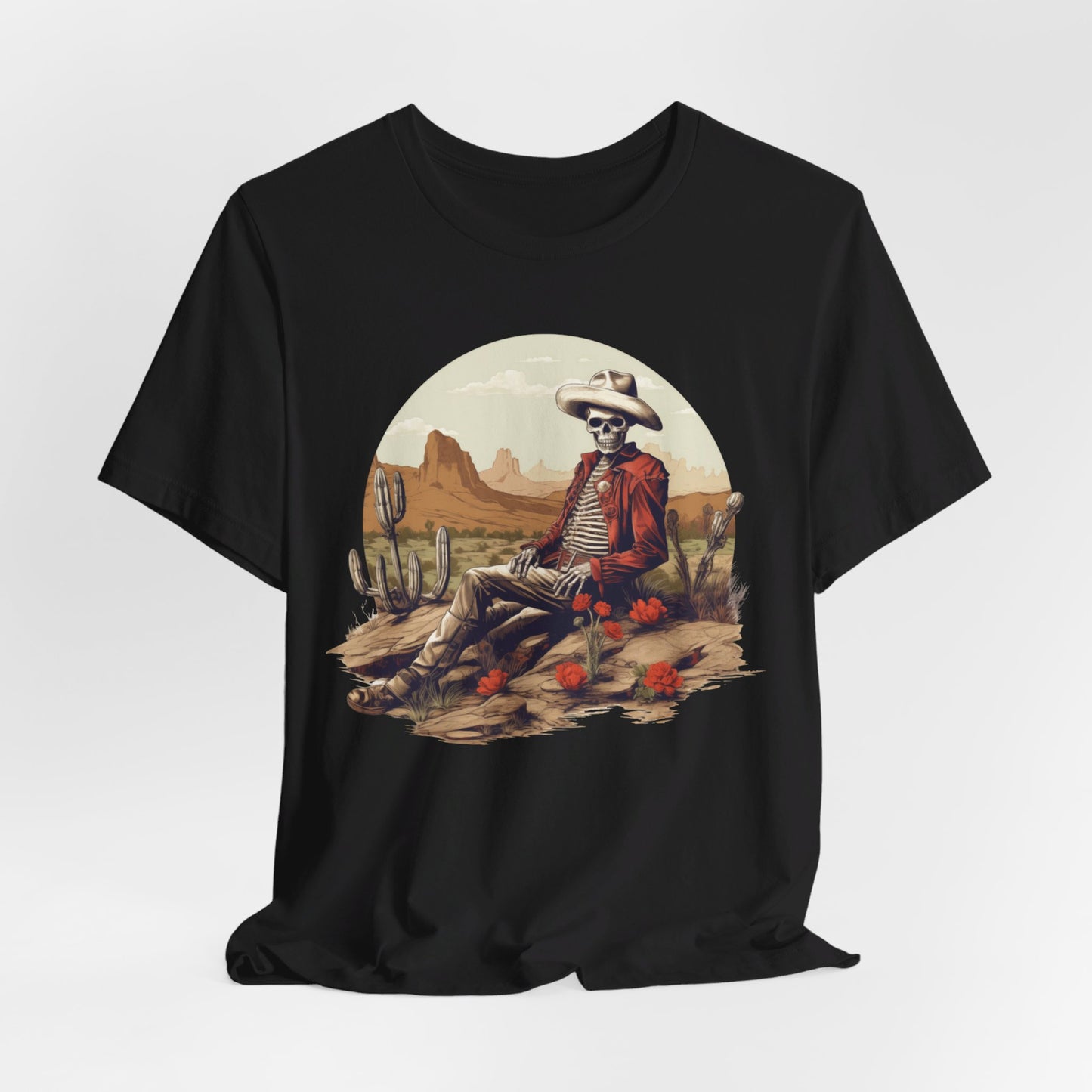 Skeleton Cowboy in Desert: Red Blazer Bella Canvas T-shirt