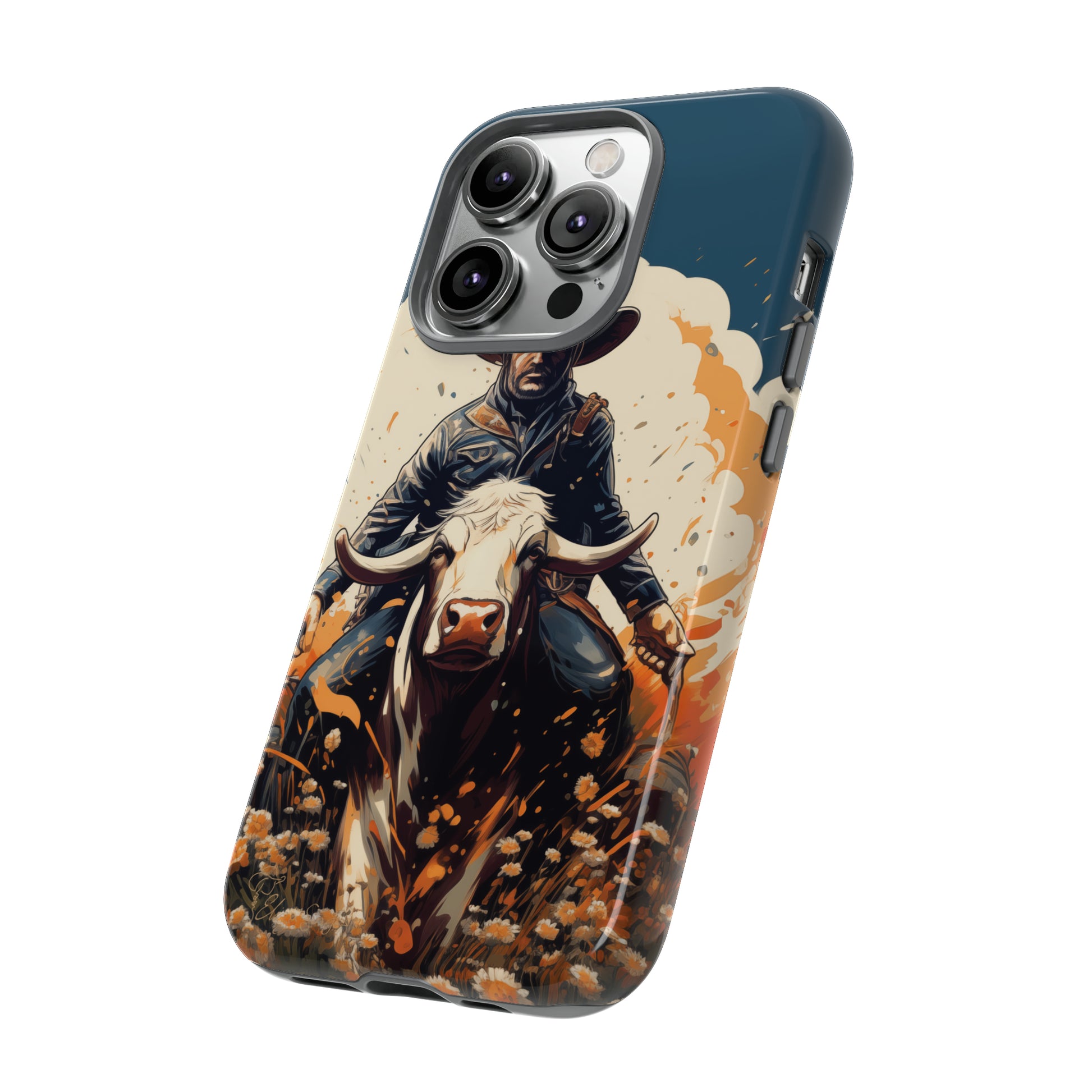 Time-Tested Charm: Immerse yourself in the charm of yesteryear with our Tough Cell Phone Case. Featuring a cowboy on a cow in a field of flowers, this design exudes retro vibes. Experience the perfect blend of vintage style and durable protection. Elevate your phone with a touch of timeless allure. #ElizaSinger #PhoneCase #VintageCharm
