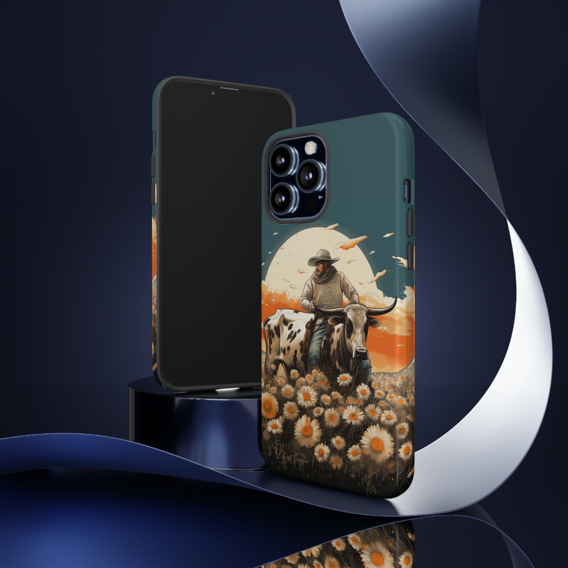 Harmony of Contrasts: Dive into our Tough Cell Phone Case, a visual symphony featuring a bullrider on a black and white dairy cow amidst a vibrant field of flowers. This edition effortlessly merges toughness with artistic flair, offering a unique and captivating contrast. Elevate your phone with rugged elegance. #ElizaSinger #PhoneCase #ContrastHarmony