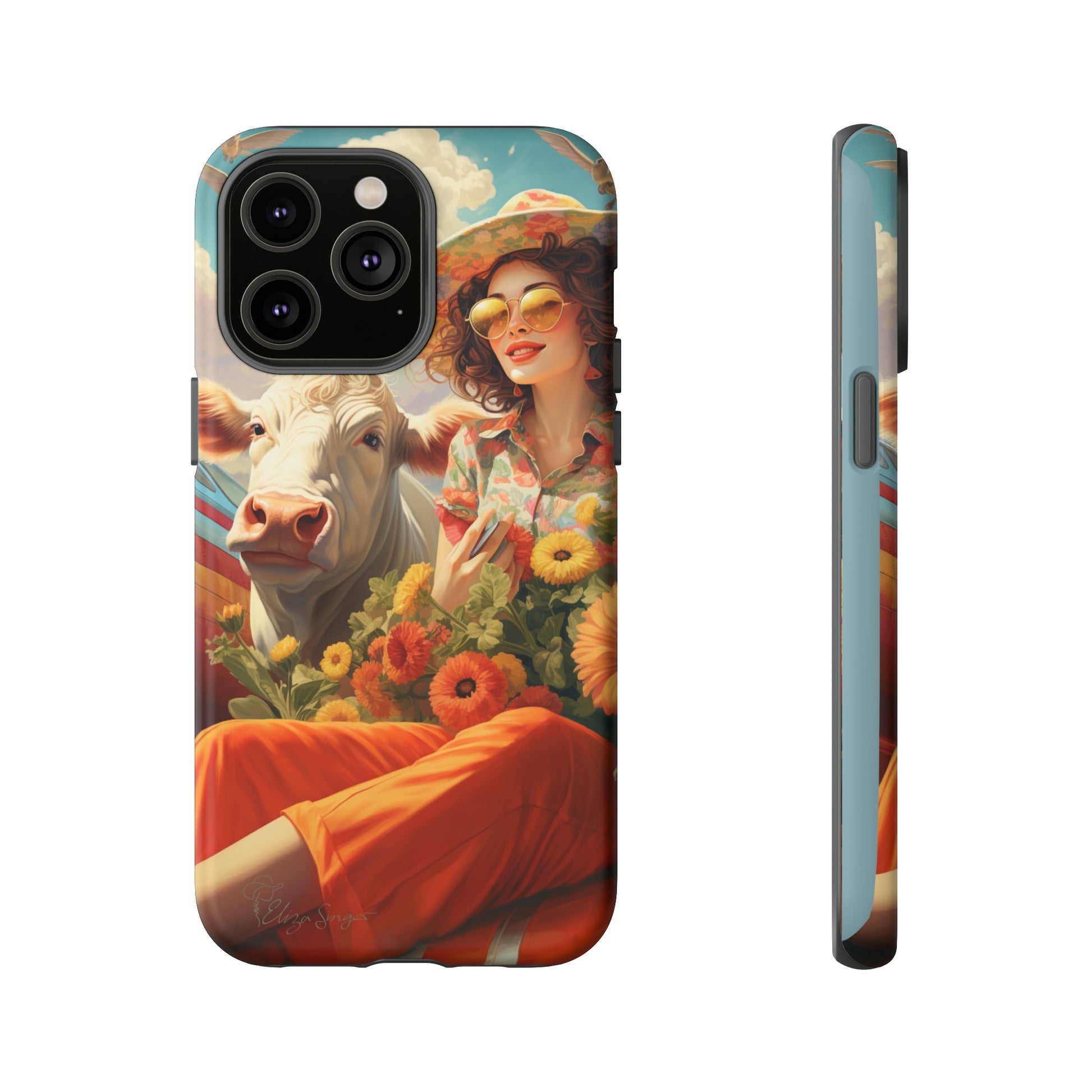 Timeless Retro Charm: Step back in time with our Tough Western Cell Phone Case. Featuring a vintage and bright design, a woman in a hat with daisies is accompanied by a cow looking over her shoulder. Experience the perfect blend of retro aesthetics and durability. Elevate your style with a touch of nostalgia. #ElizaSinger #PhoneCase #RetroStyle 