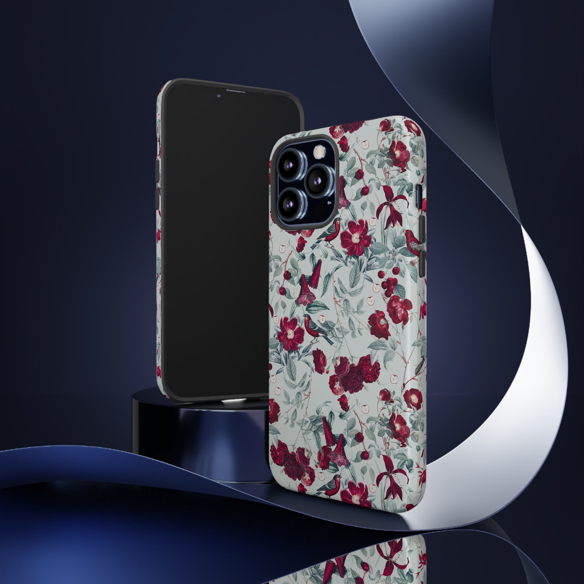 Cherry Blossom Serenade: Cherish nature's beauty with 'Cherry Blossom Serenade.' This iPhone case features flowers and burgundy birds on a blue background, creating a captivating floral wildlife bird and flower design. Elevate your device with this enchanting and stylish protective cover. #ElizaSinger #PhoneCase #FloralDesign