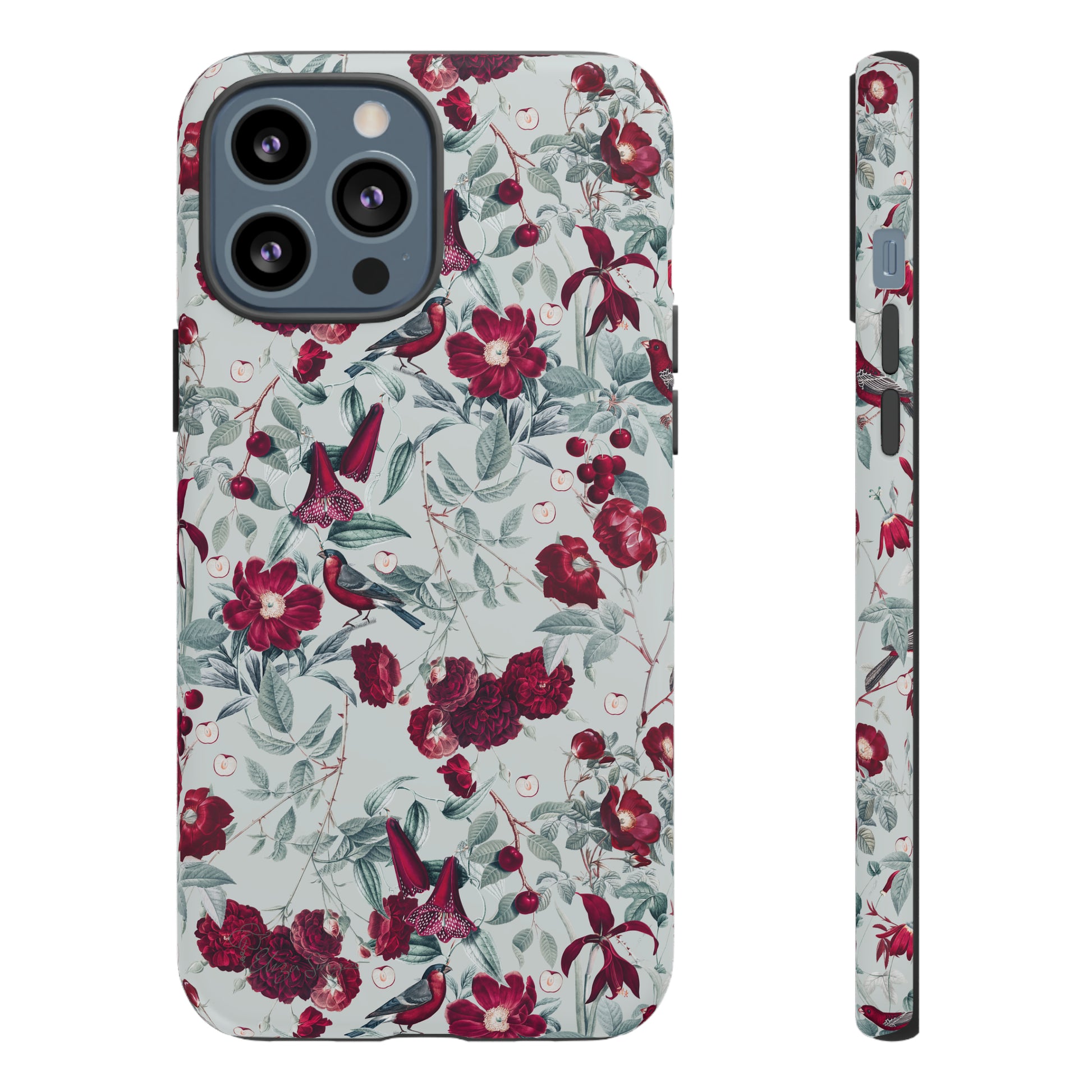 Cherry Blossom Serenade: Cherish nature's beauty with 'Cherry Blossom Serenade.' This iPhone case features flowers and burgundy birds on a blue background, creating a captivating floral wildlife bird and flower design. Elevate your device with this enchanting and stylish protective cover. #ElizaSinger #PhoneCase #FloralDesign