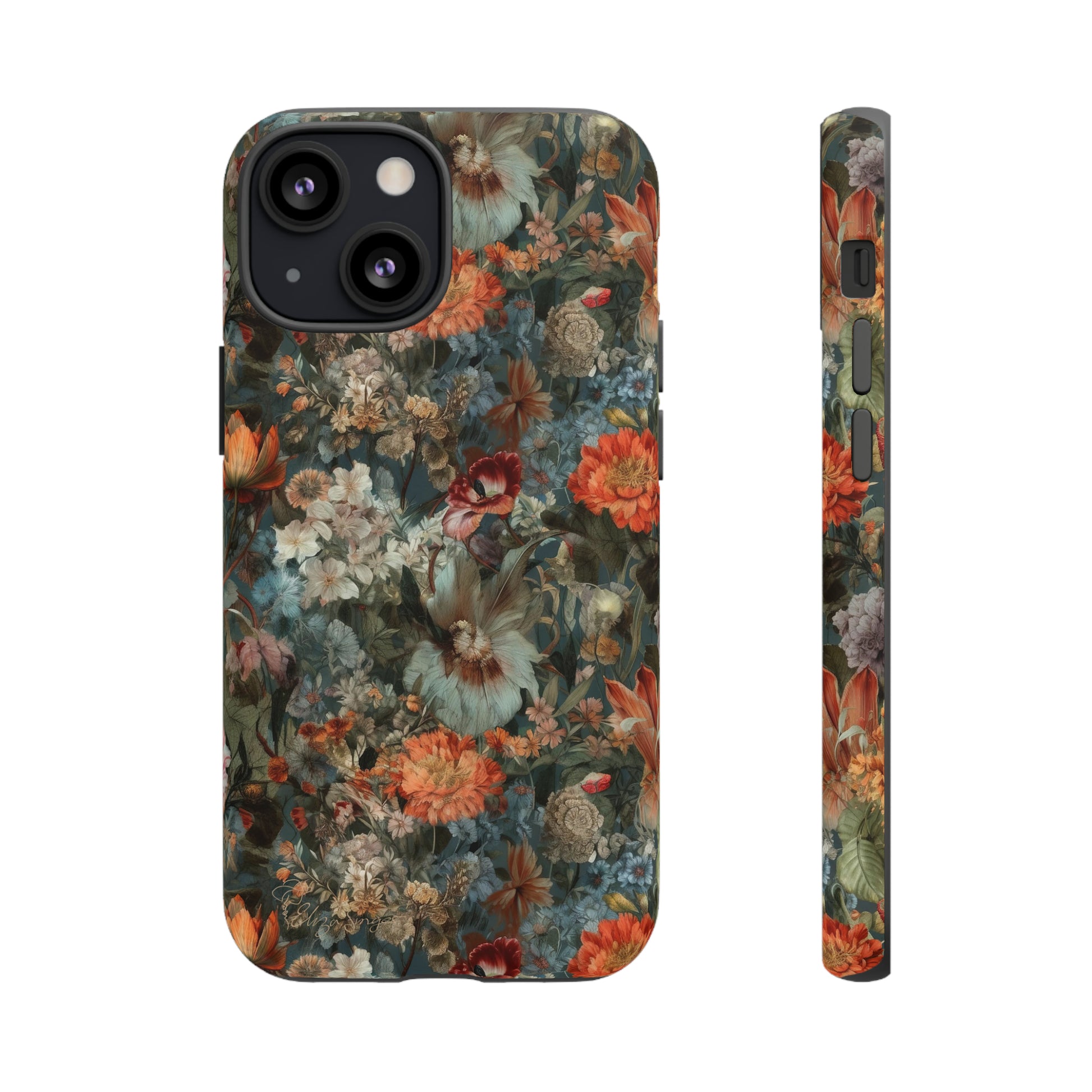 Blooms in Shadows: Botany Floral Dark Flowers iPhone Tough Protective Cover. A captivating blend of Flowers in muted colors, compatible with iPhone 15, 14, 13, XS, XR Pro/Max/Mini/P/Plus. Unleash Nature's Elegance with Durability and Style. #ElizaSinger #PhoneCase #FloralDesign