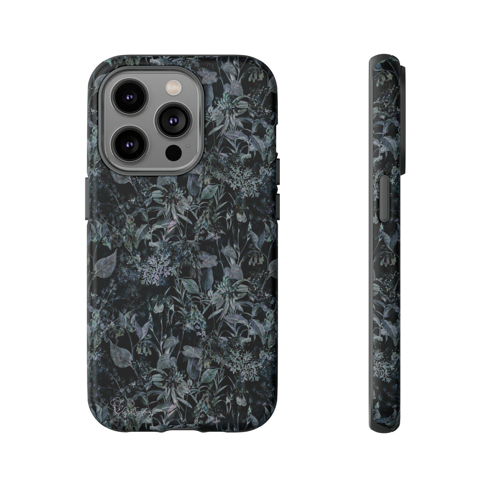 Blossom in Style: Botany Floral Dark Flowers Blue Denim iPhone Tough Protective Cover. This case features a Flower and Muted Grey Design, compatible with iPhone 15, 14, 13, XS, XR Pro/Max/Mini/P/Plus. Unleash Nature's Beauty with Style and Durability. #ElizaSinger #PhoneCase #FloralDesign