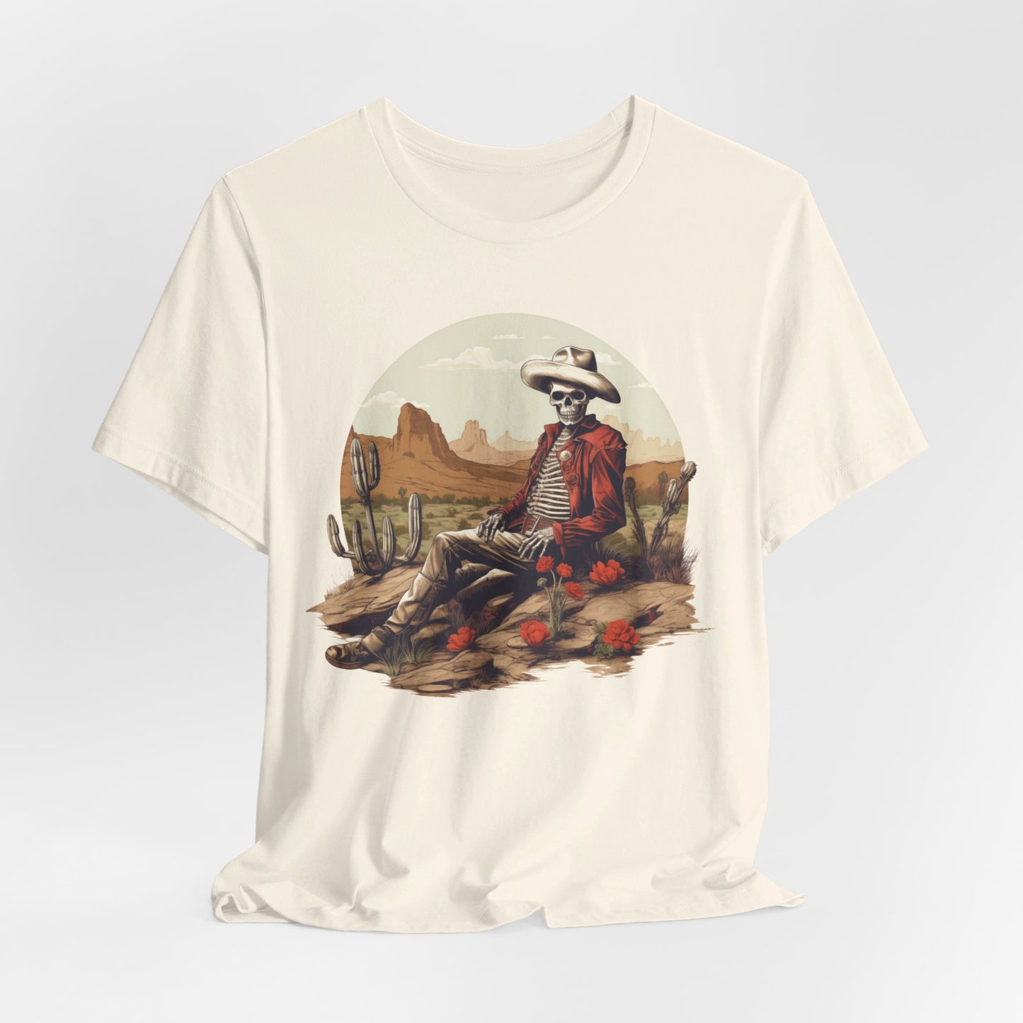 Skeleton Cowboy in Desert: Red Blazer Bella Canvas T-shirt