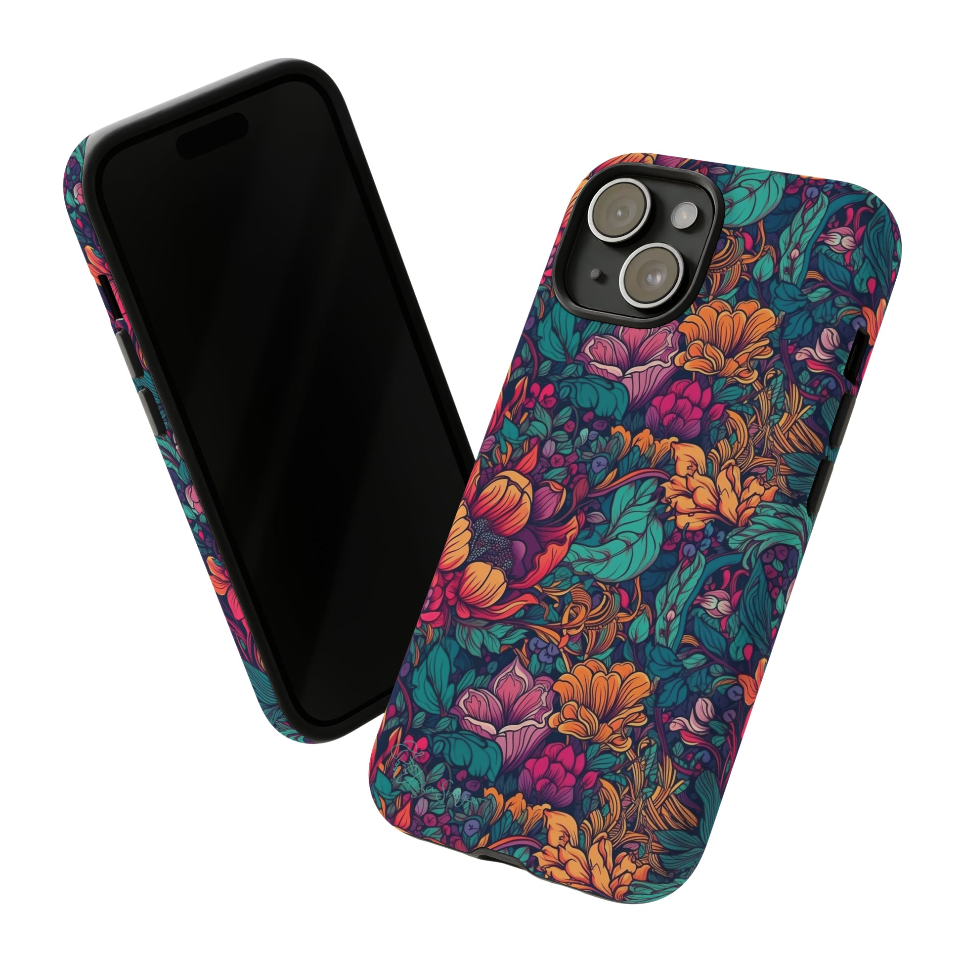 Vibrant Boho Blossoms: iPhone Tough Protective Cover. Featuring a bright abstract floral design, this case adds a touch of Bohemian flair. Compatible with iPhone 15, 14, 13, XS, XR Pro/Max/Mini/P/Plus. Embrace Boho Chic with Style and Durability. #ElizaSinger #PhoneCase #FloralDesign